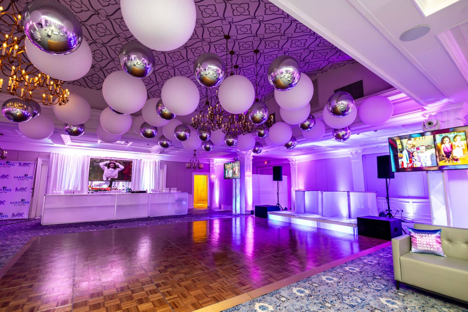Ceiling Balloons Decor Over Dance Floor with White and Metallic Orbz