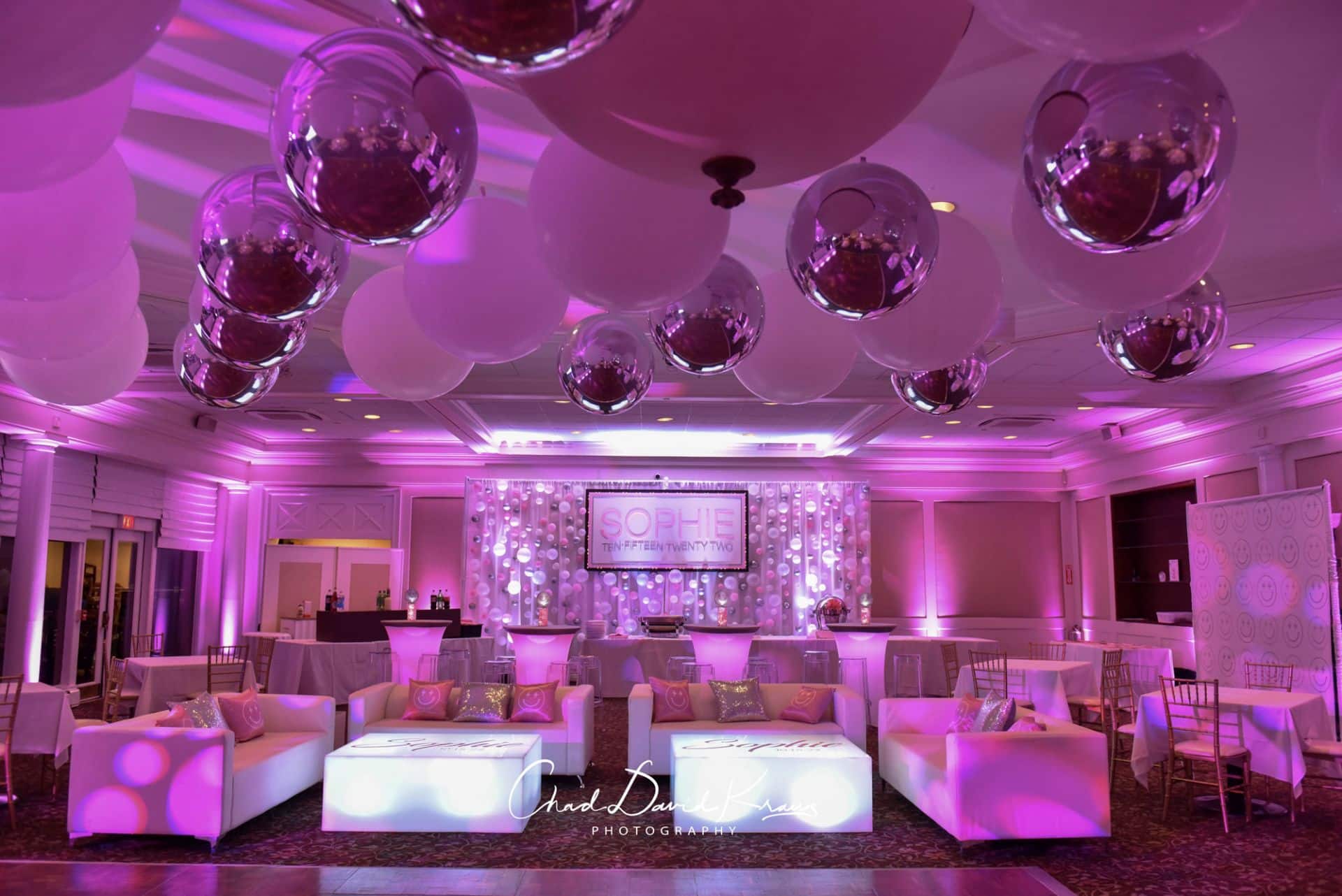 White and Silver Ceiling Balloon Treatment for Bat Mitzvah at Hampshire Country Club