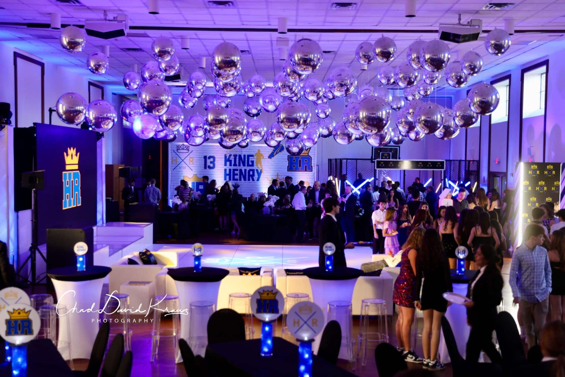 Metallic Orbz Ceiling Balloons over Dance Floor
