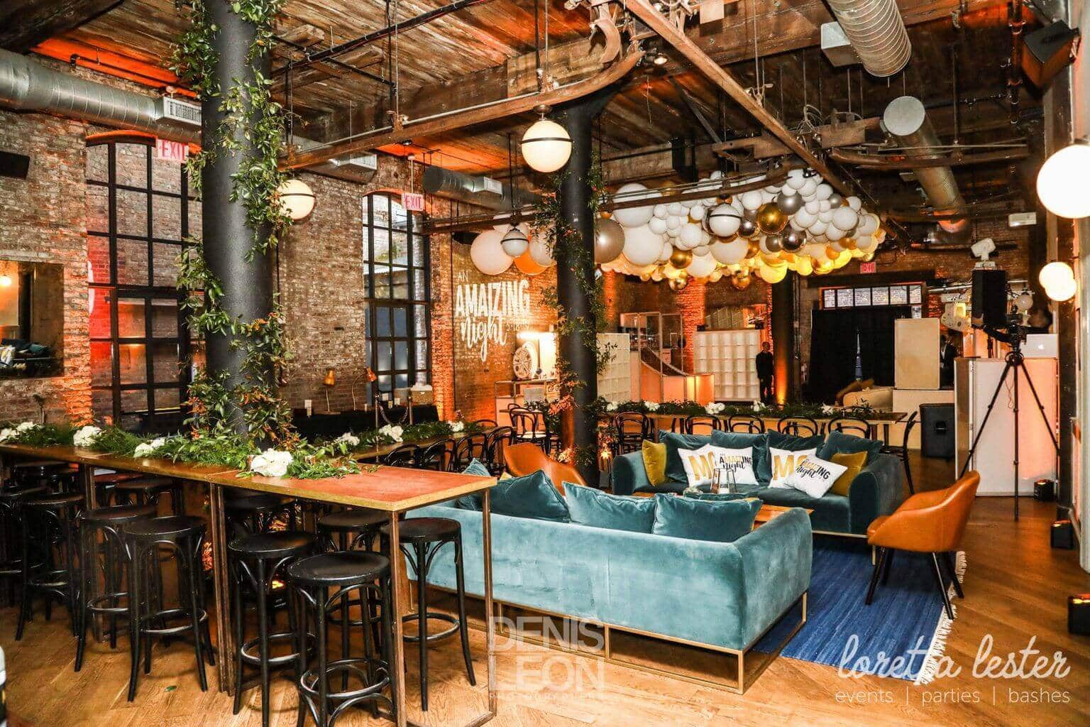 Gold and Silver Bat Mitzvah with Organic Balloon Sculpture over Dance Floor at The Wythe Hotel, Brooklyn