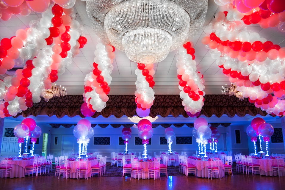 Cluster Balloon Garlands with Lights over Dance Floor