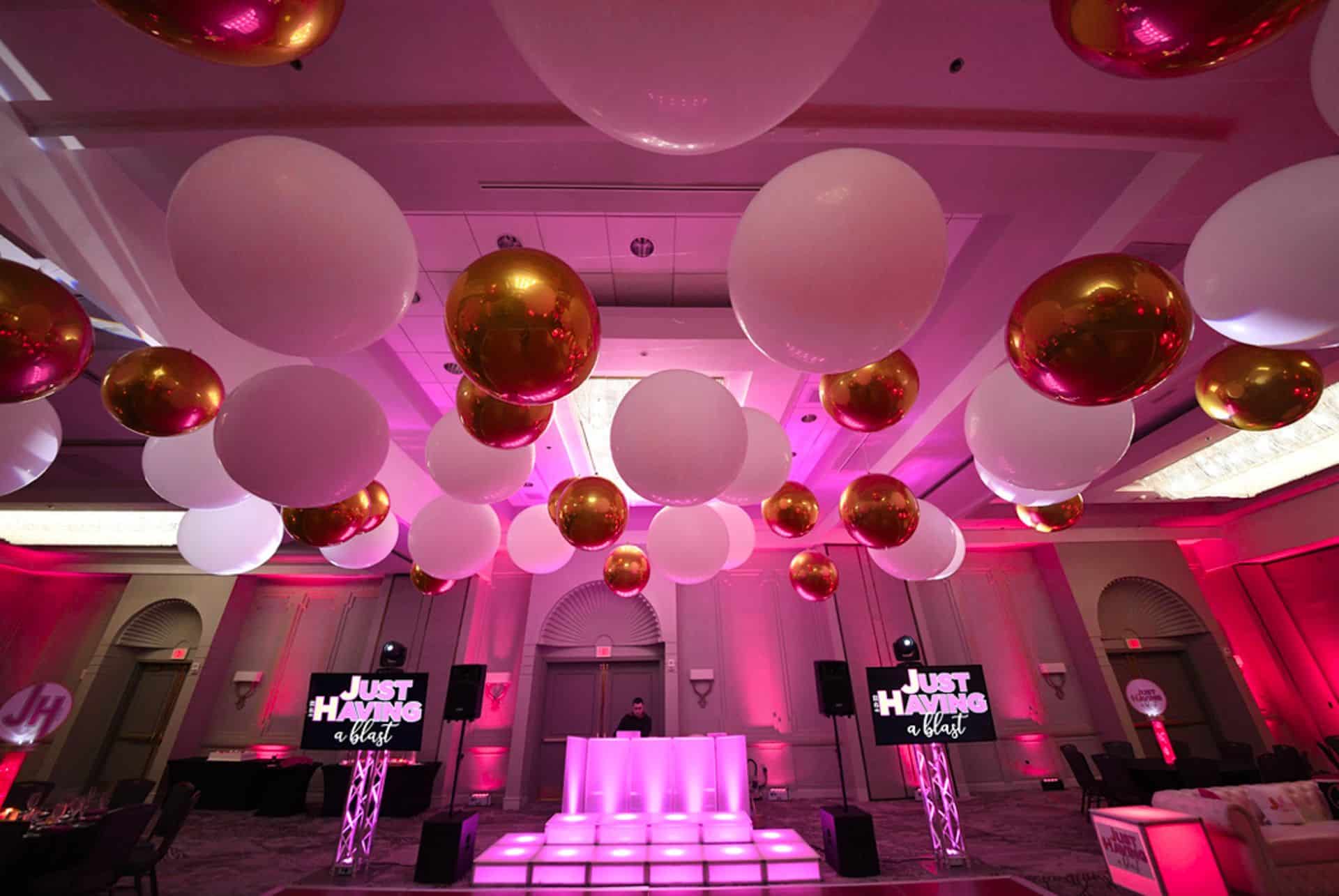 White and Gold Ceiling Balloons over Dance Floor at Park Ridge Marriott