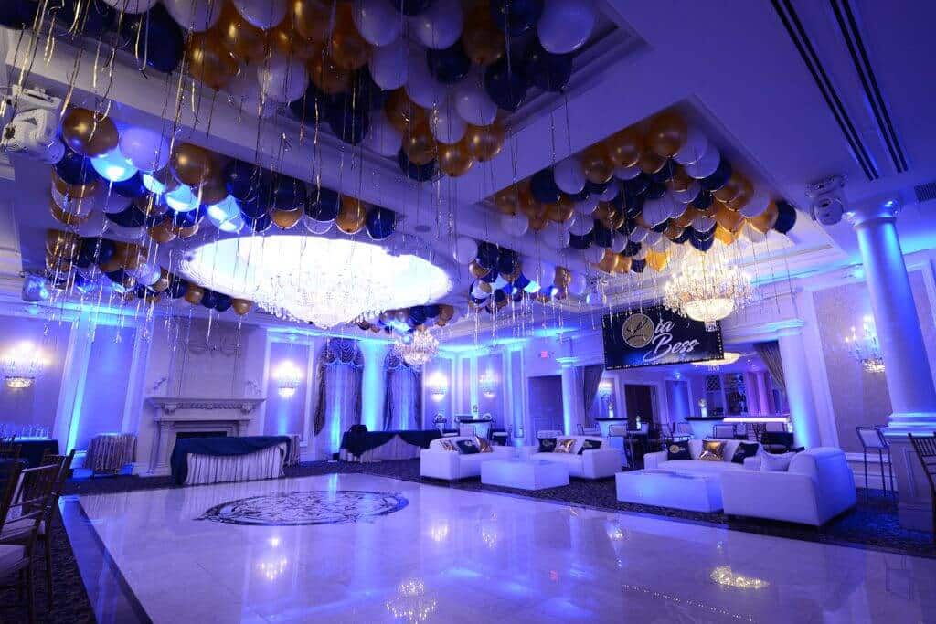 Gold, Navy and White Ceiling Balloons with Shimmer Ribbon over Dance Floor at Primavera Regence