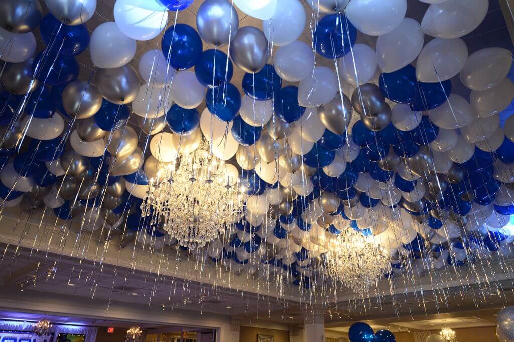 Blue and White Ceiling Balloons with Shimmer Ribbon at Preakness Hills Country Club