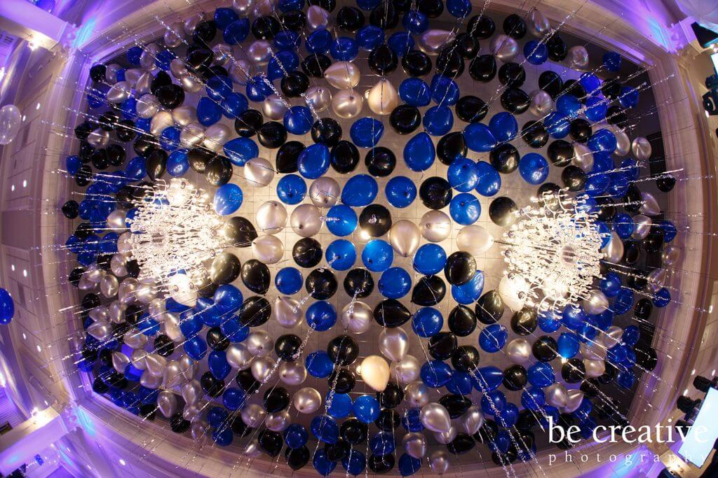 Blue, Black and Silver Loose Ceiling Balloons with Shimmer Ribbon and LED Lights at Preakness Hills Country Club