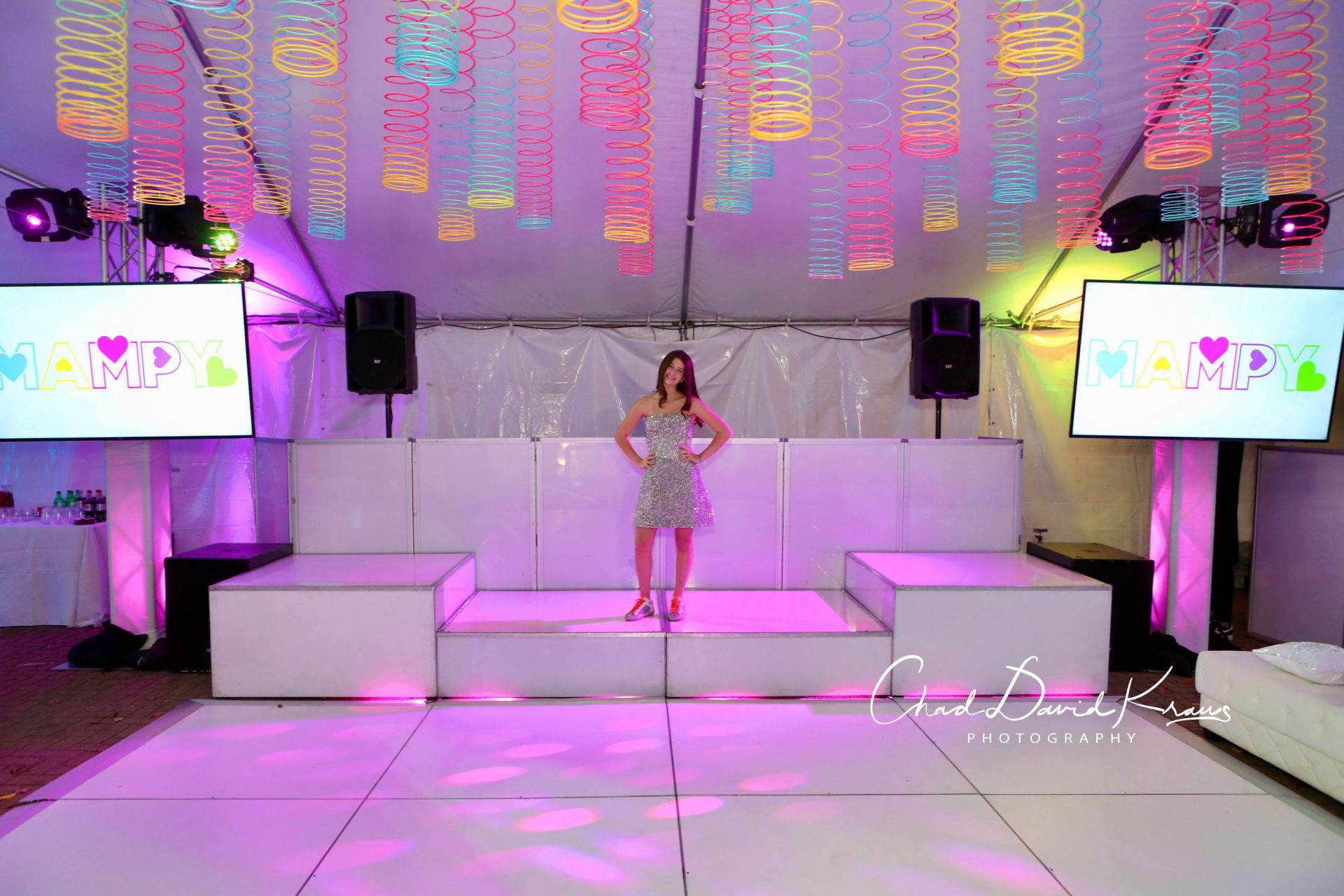 Fun and Colorful Slinky Ceiling Treatment Over Dance Floor for Tent Bat Mitzvah