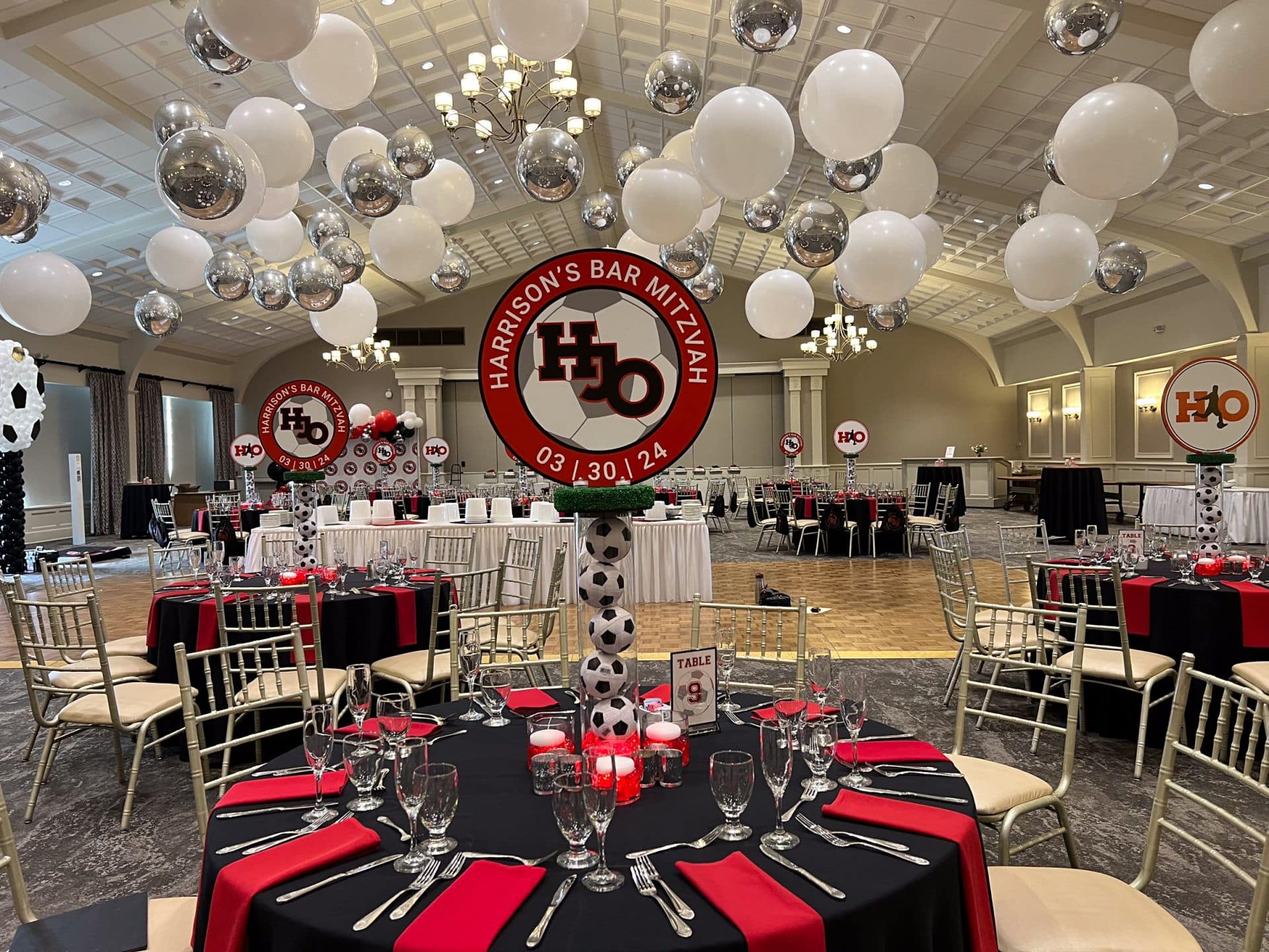 Silver and White Ceiling Balloons for Soccer Themed Bar Mitzvah