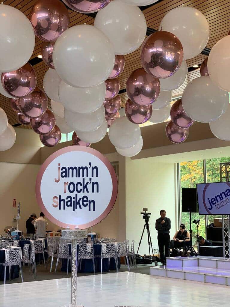 White and Rose Gold Ceiling Balloons Hung over Dance Floor at Temple Beth El, Chappaqua