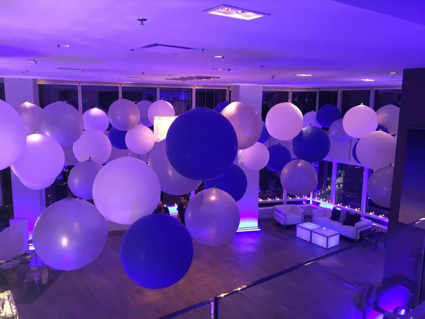 Blue, White and Silver 3' LED Balloons over Dance Floor