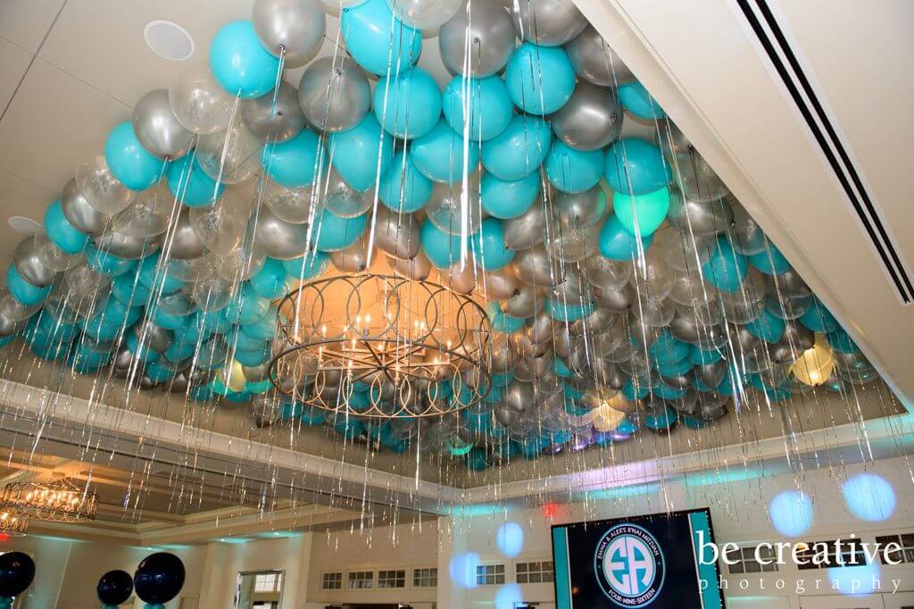 Turquoise and Silver Ceiling Balloons with Shimmer Ribbon at Indian Trail Club