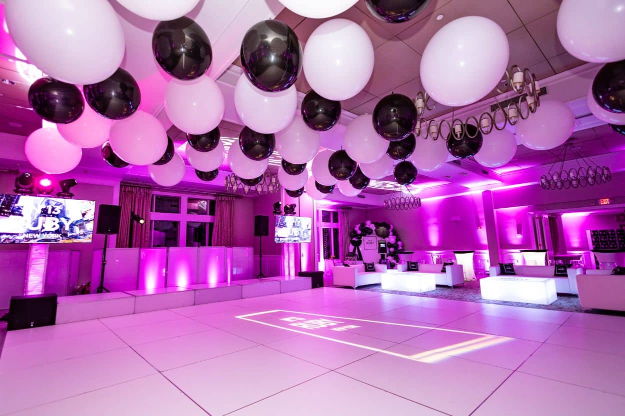 Black Metallic Orbs & White Latex Balloon Ceiling Over The Dance Floor At Harrison Meadows Country Club