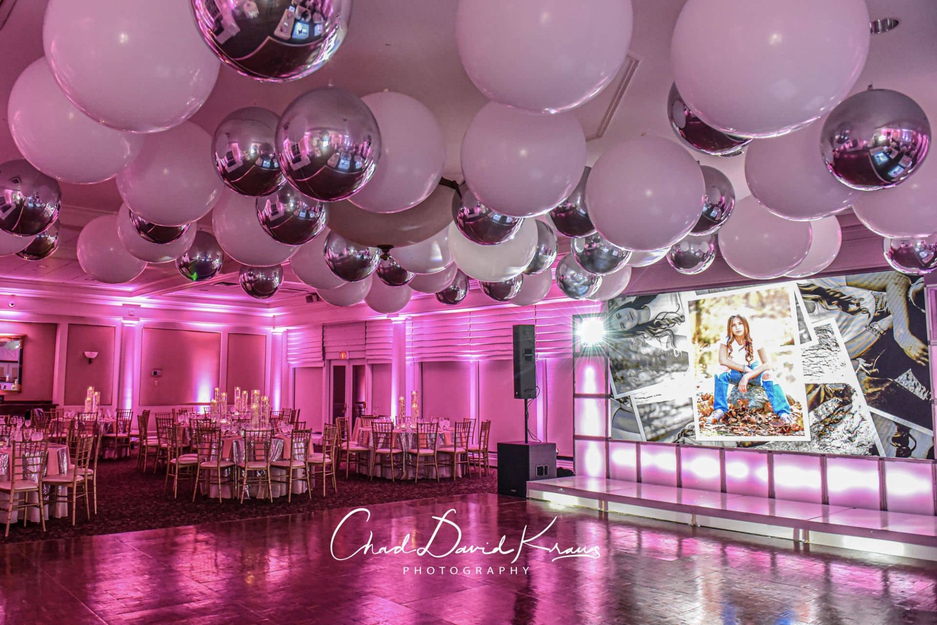 White and Silver Ceiling Balloon Treatment over Dance Floor for Bat Mitzvah at Hampshire Country Club
