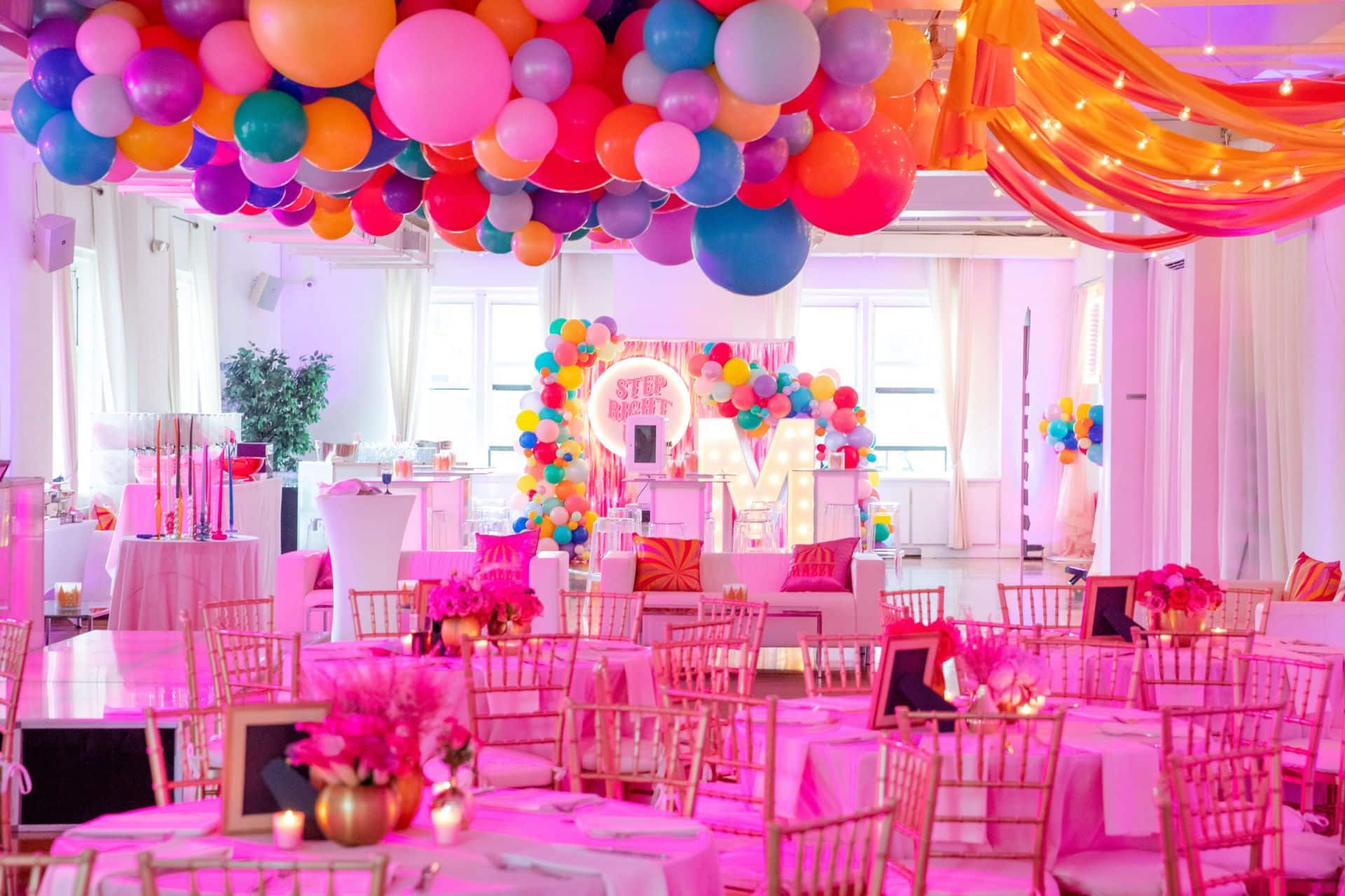 Carnival Themed Bat Mitzvah with Organic Ceiling Balloon Sculpture and Custom Photo Booth Backdrop at Midtown Loft and Terrace, NYC