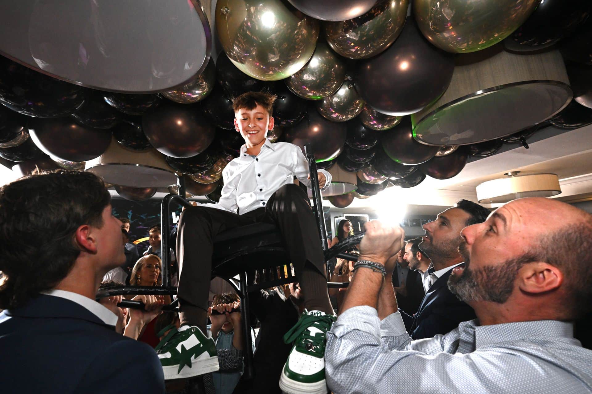 Loose Metallic Orbz Balloons over Dance Floor for Bar Mitzvah at Farview Country Club