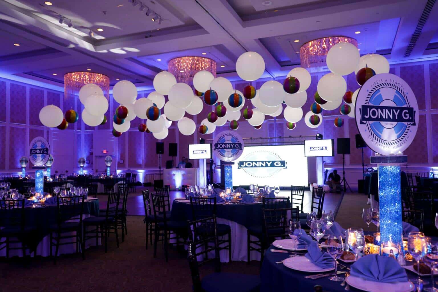 Hanging Beach Balls and LED Balloons over Dance Floor at Dorral Arrowwod