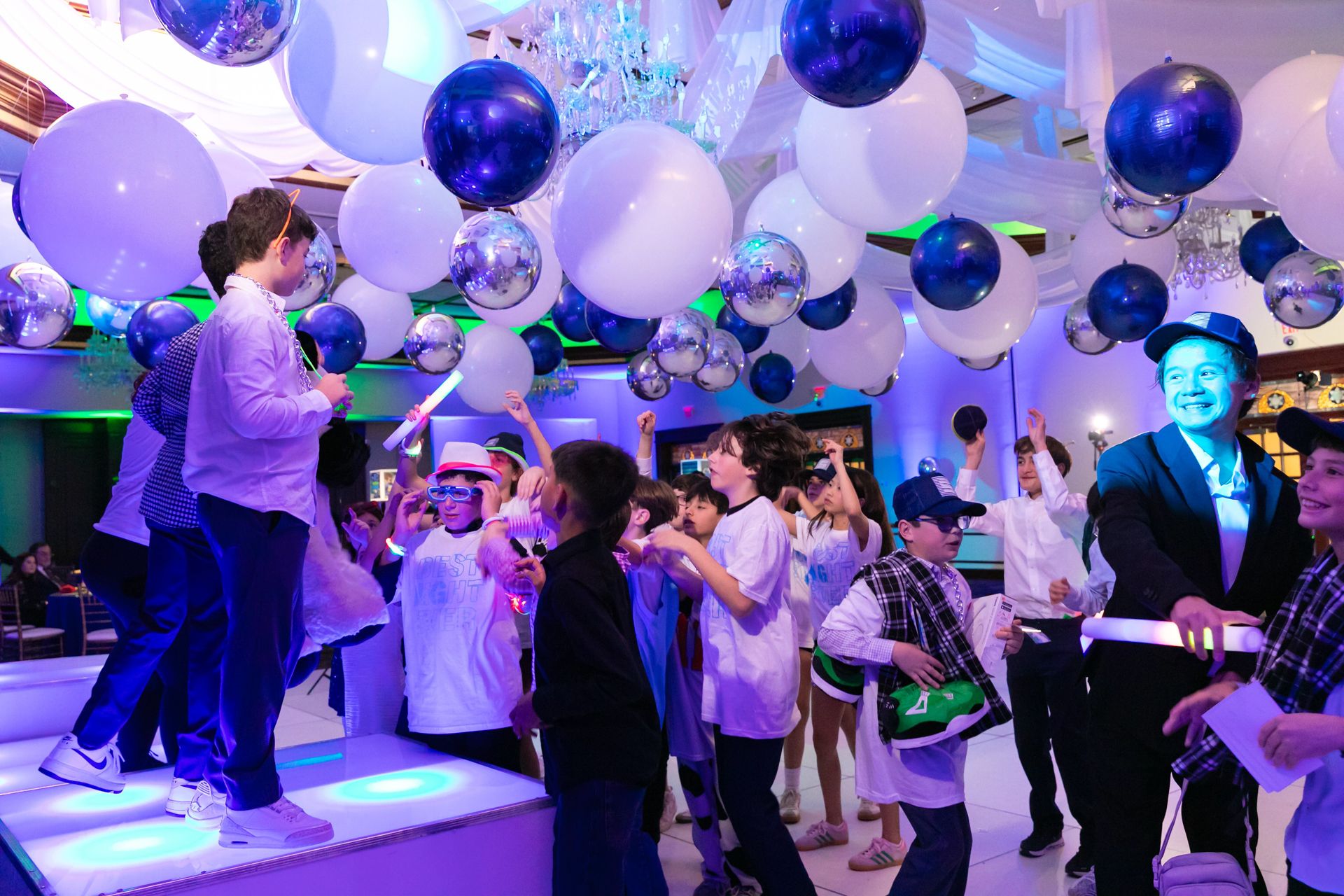 Mixed Metallic & Latex Balloon Ceiling Installation for a B'nai Mitzvah at Temple Emanuel of Closter