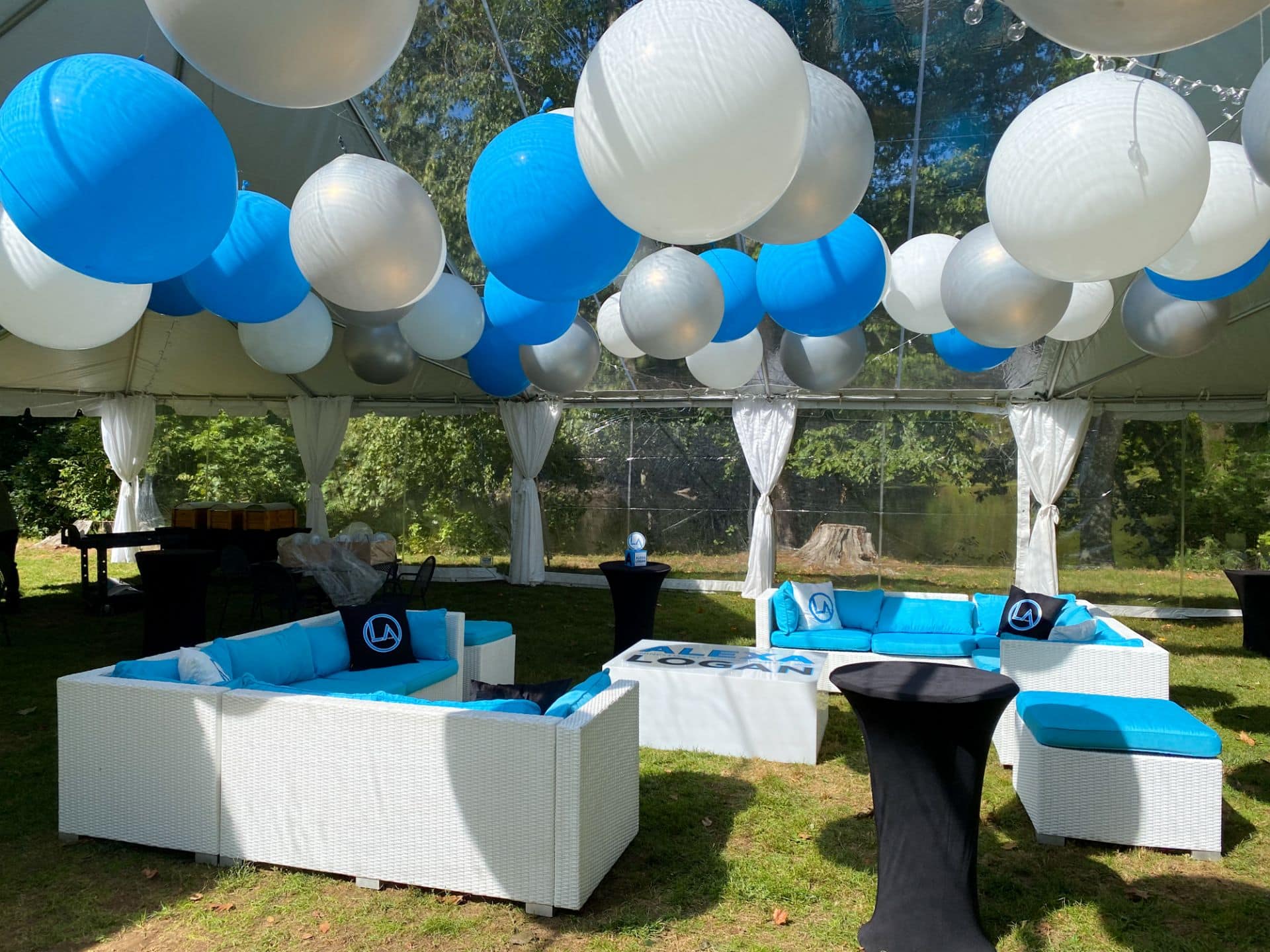 Large Blue and White Ceiling Balloons Over Tent Lounge Setup for Outdoor Bar Mitzvah at Edith Macy Center