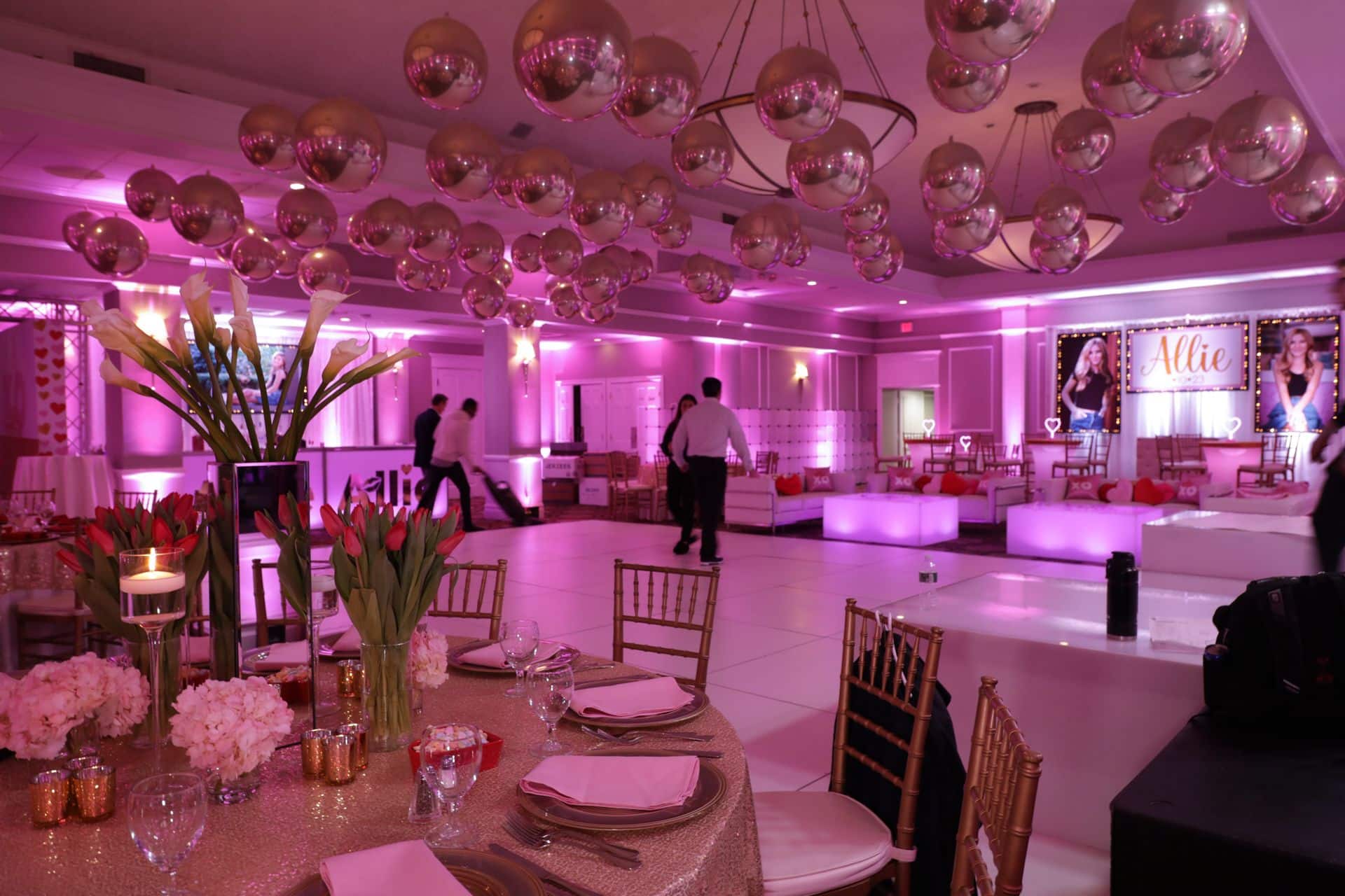 Valentines Day Themed Bat Mitzvah Ceiling Install with Gold Metallic Orbz Balloons at Cedar Hill Country Club