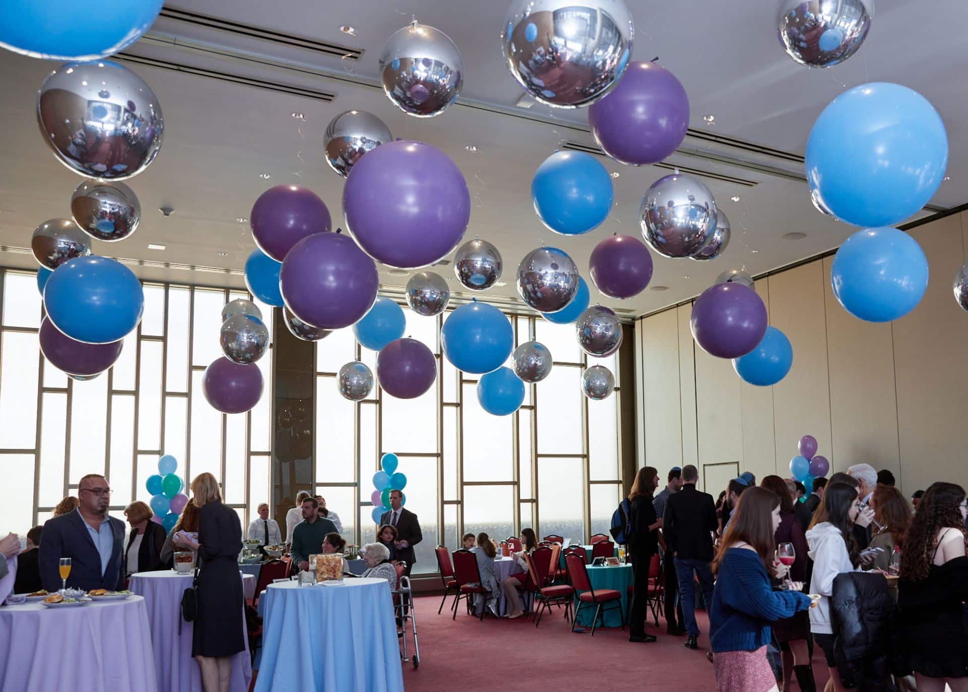 Lavender, Pale Blue and Silver Ceiling Balloons at Temple Rodeph Shalom, NYC