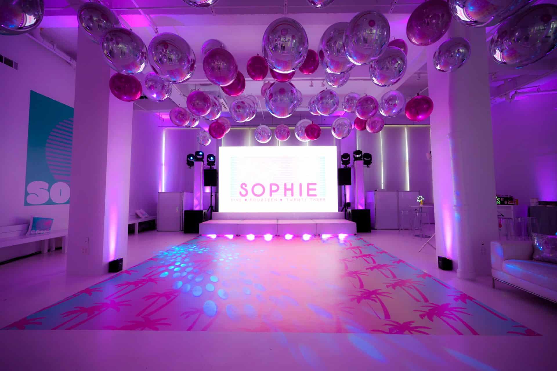 Pink and Silver Metallic Orbs Ceiling Treatment at Location05, NYC