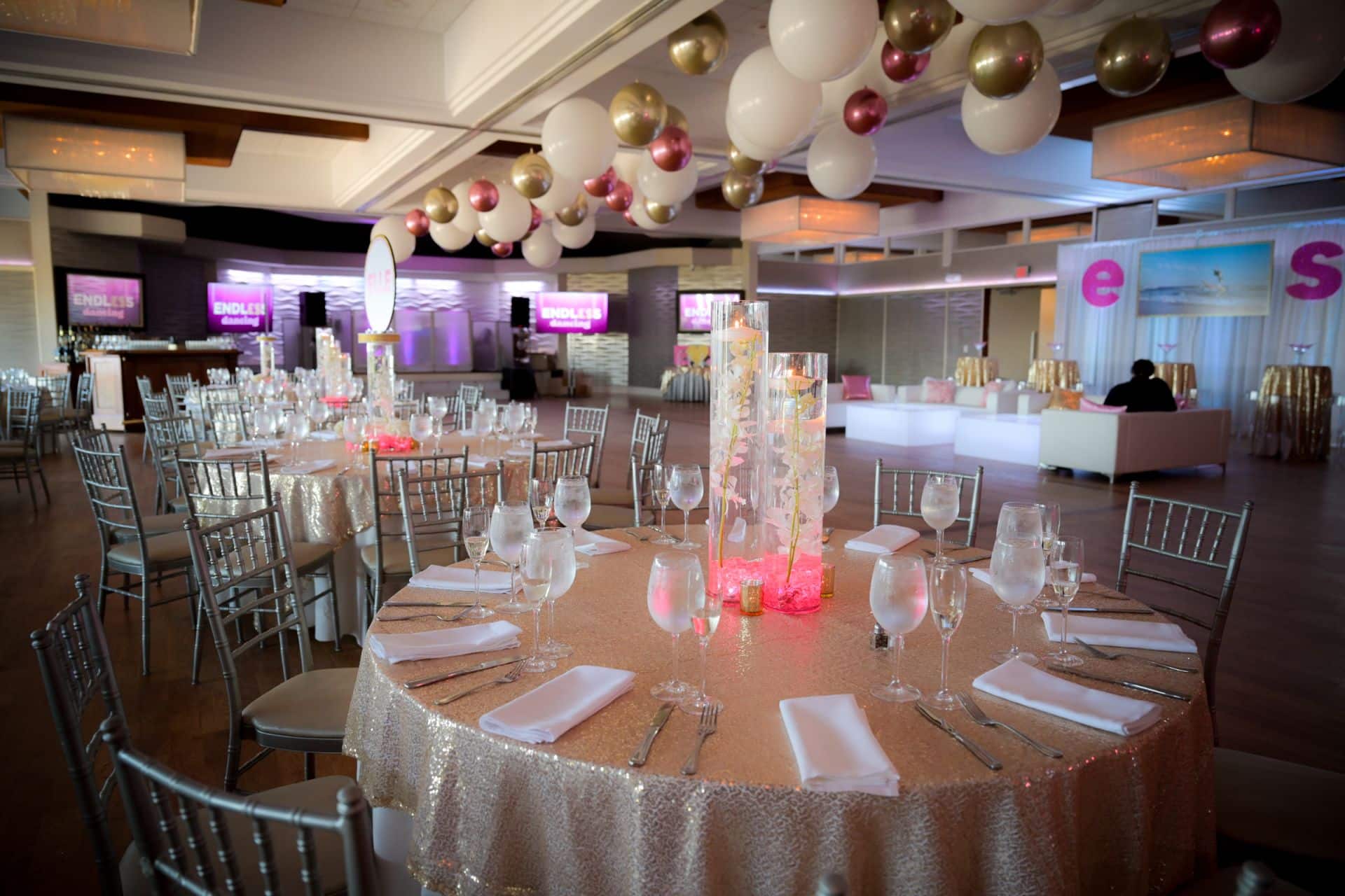 Pink and Gold Bat Mitzvah Ceiling Treatment