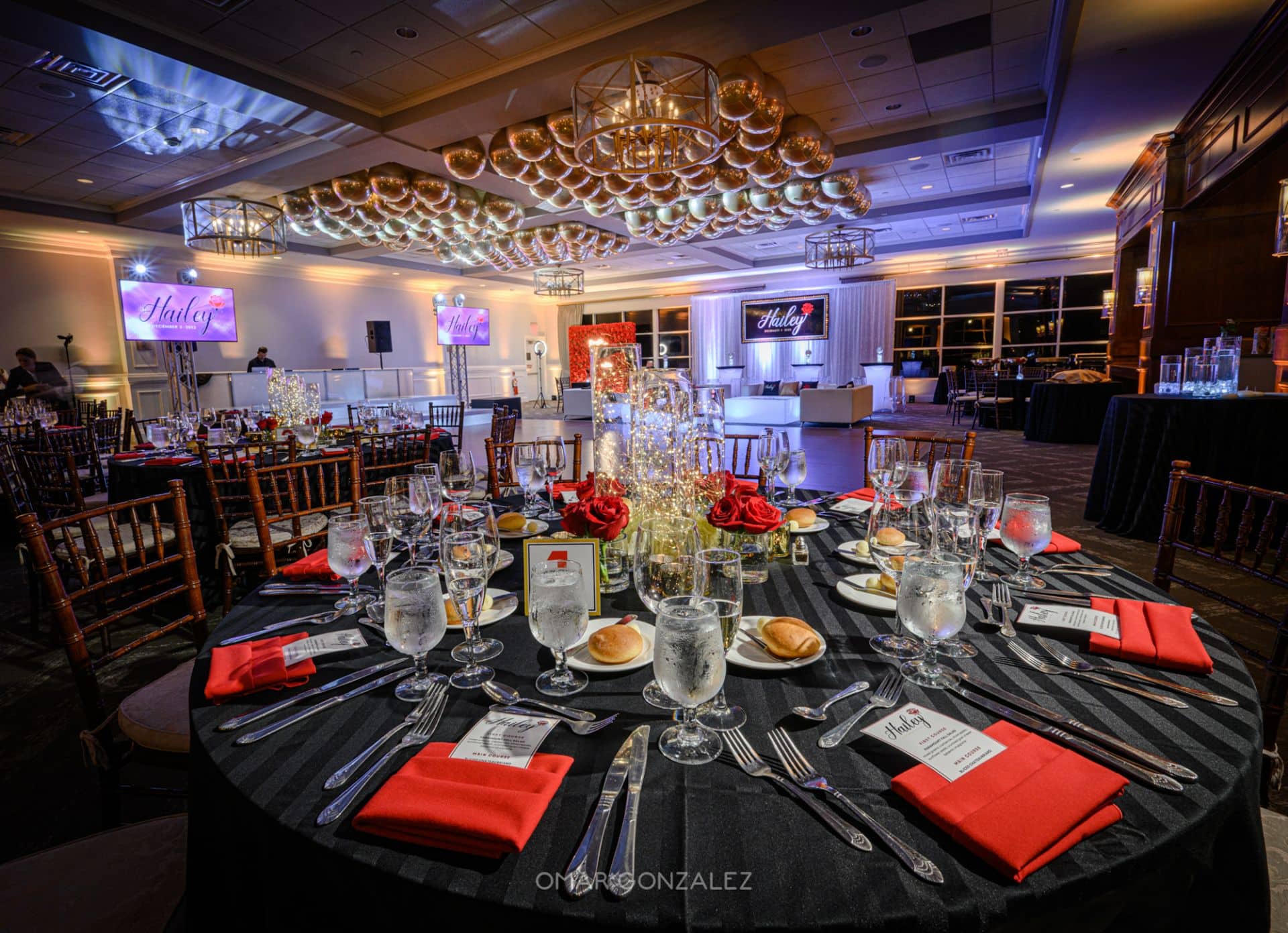 Loose Gold Metallic Orbz on Ceiling over Dance Floor for Rose Themed Bat Mitzvah Paramount Country Club
