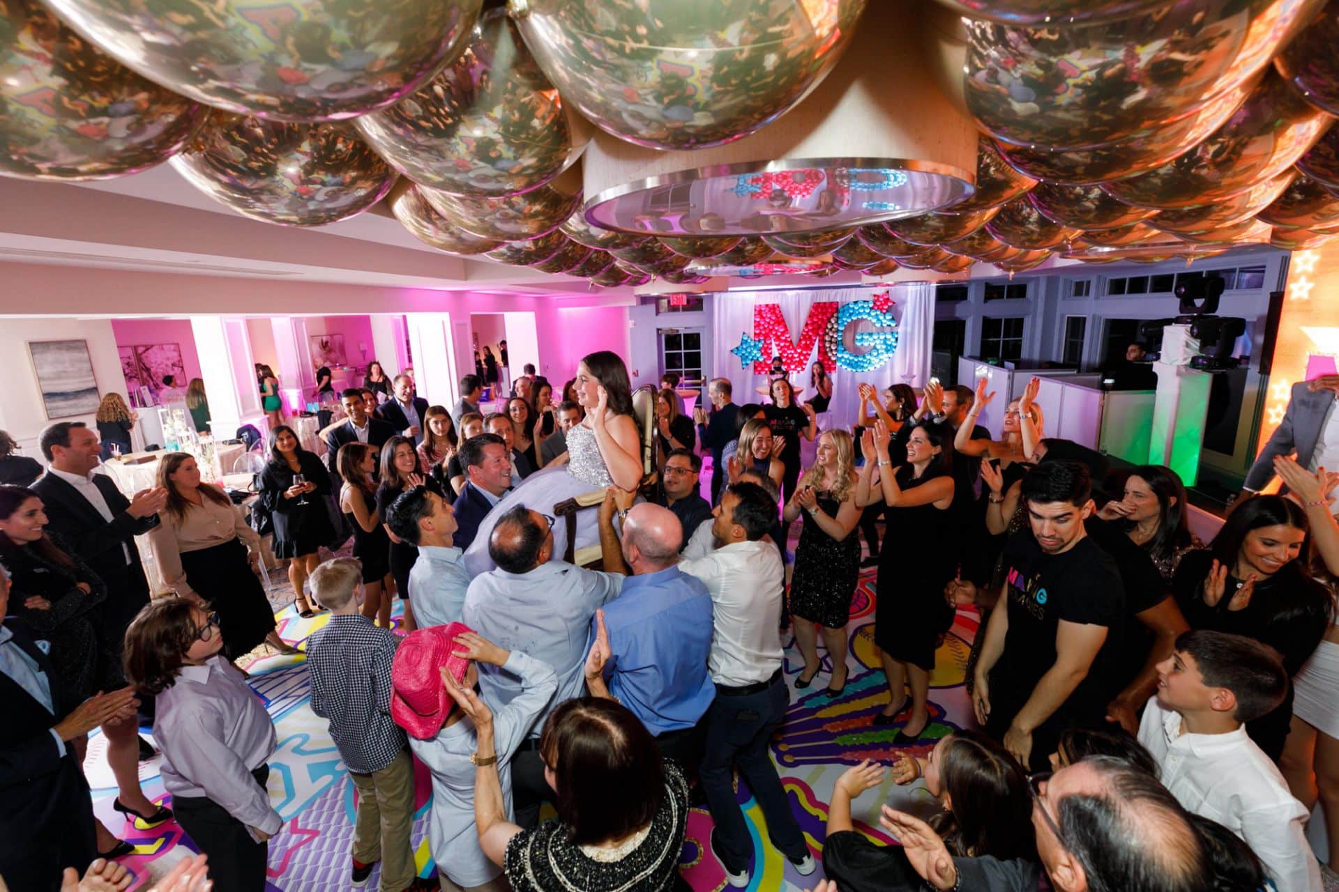 Loose Gold Metallic Orbz Balloons over Dance Floor at Fairview Country Club