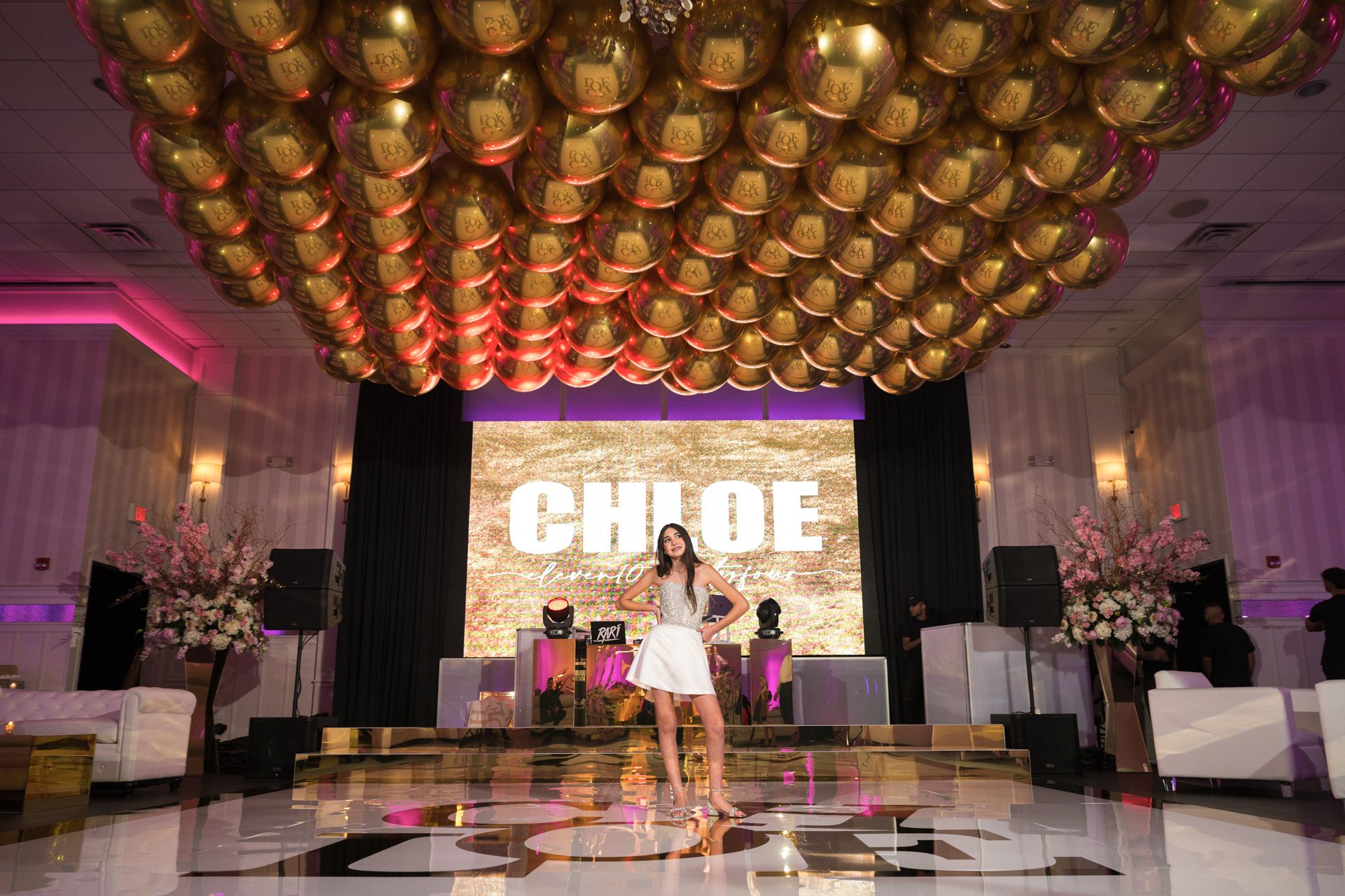 Metallic Gold Orb Ceiling Installation at Temple Avodah in Oceanside NY for a Bat Mitzvah