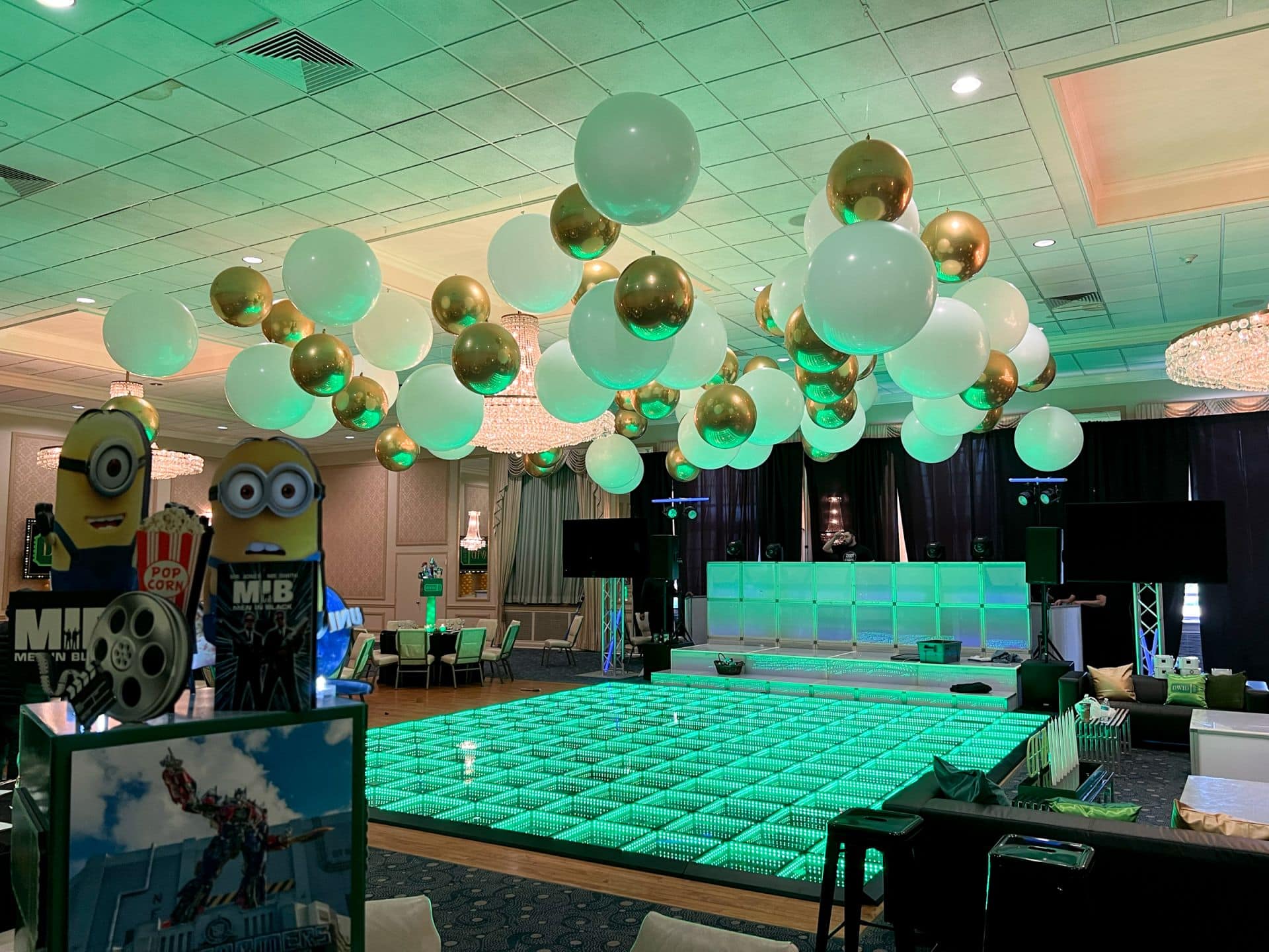 Gold and White Ceiling Balloon Treatment for Amusement Park Themed Bar Mitzvah at Temple Beth El, New Rochelle