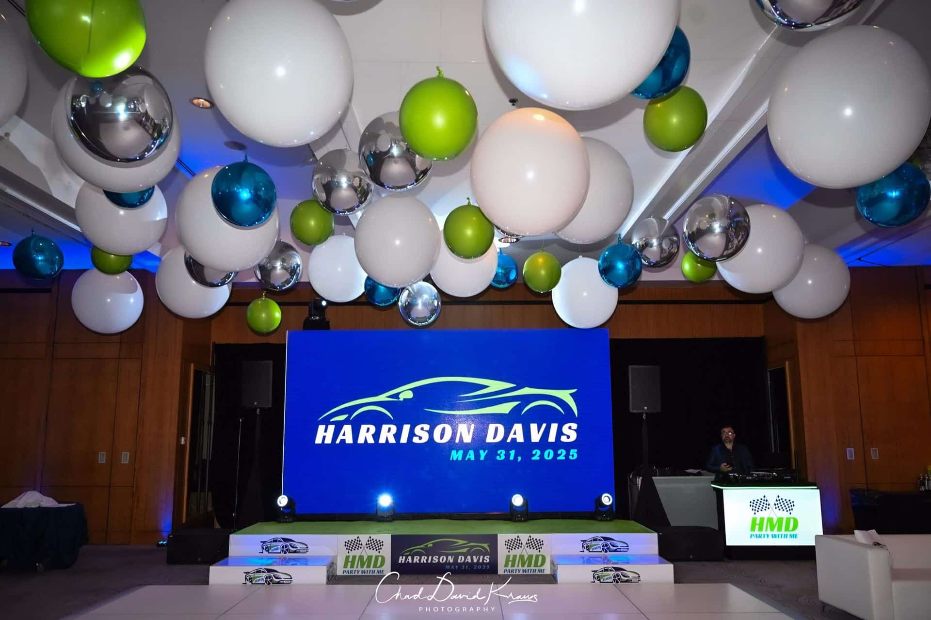 Green and Blue Ceiling Balloon Install for Car Theme Bar Mitzvah at The Opus Westchester