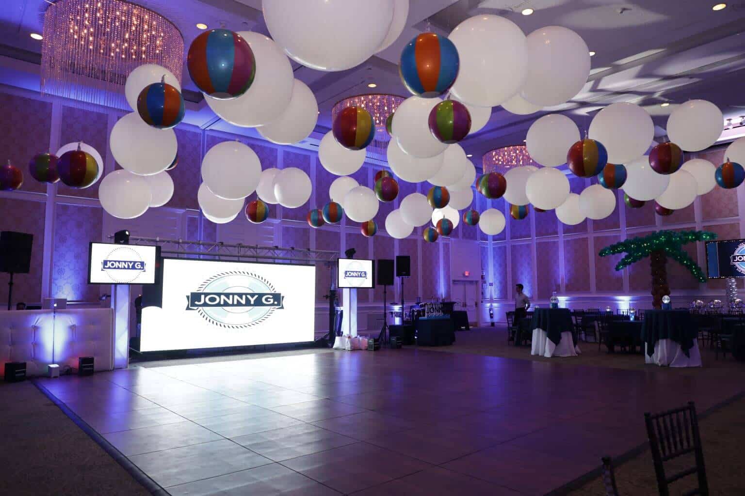 Hanging Beach Balls and LED Balloons over Dance Floor at Dorral Arrowwod