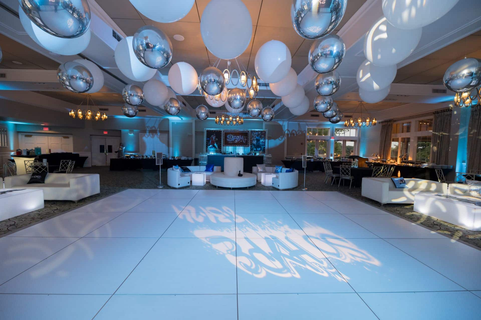 White and Silver Ceiling Balloon Treatment at Harrison Meadows