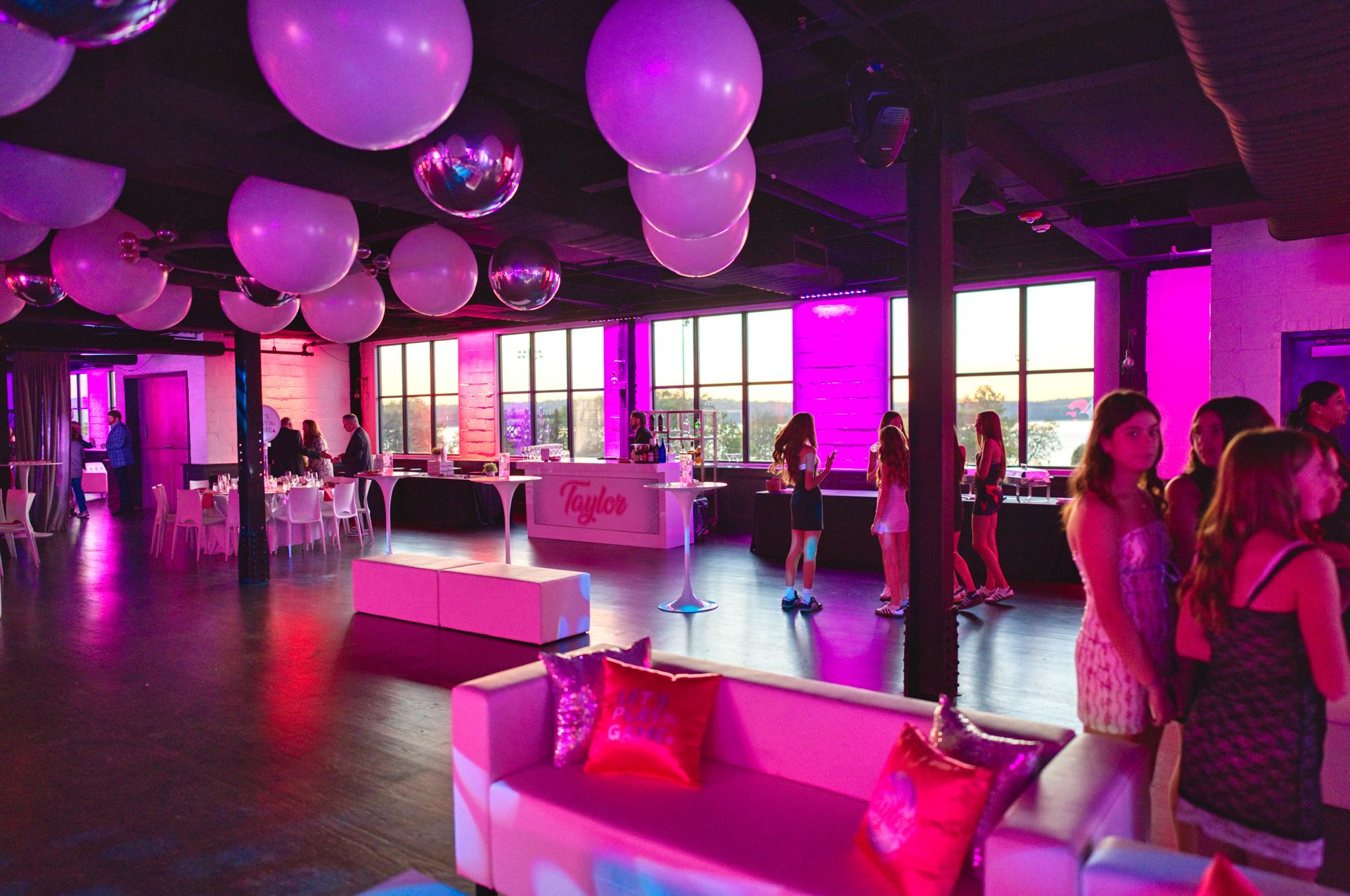 White & Silver Ballon Ceiling Install at Hudson Loft for a Basketball Themed Bat Mitzvah