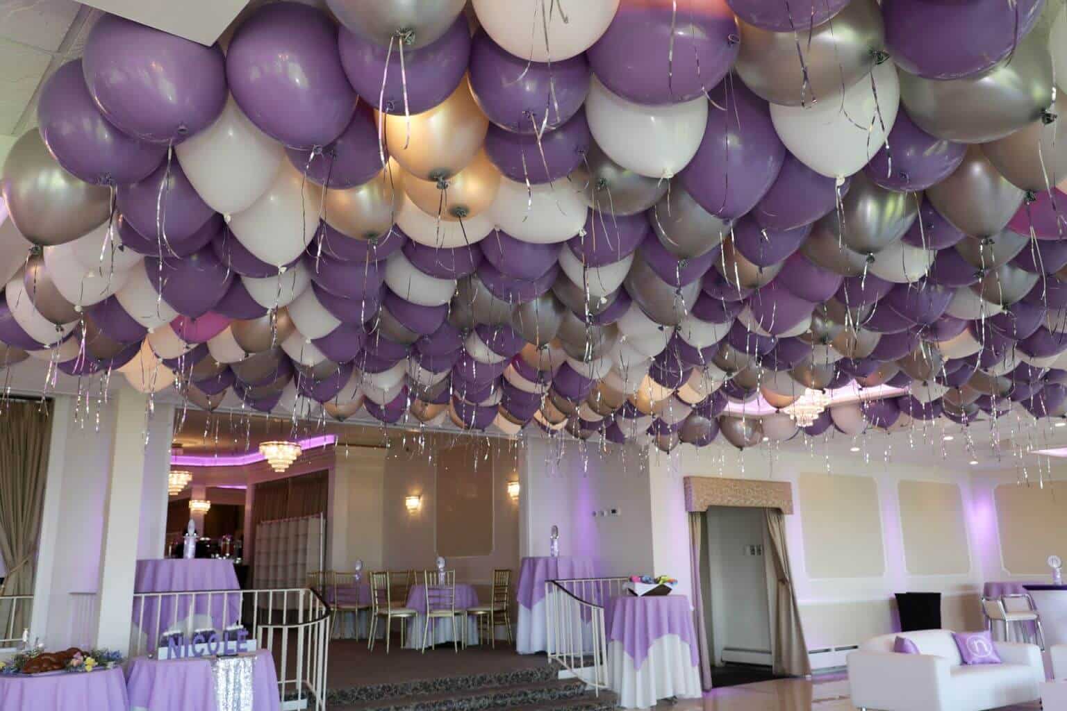 Lavender, Silver and White Ceiling Balloons over Dance Floor at the Davenport Mansion