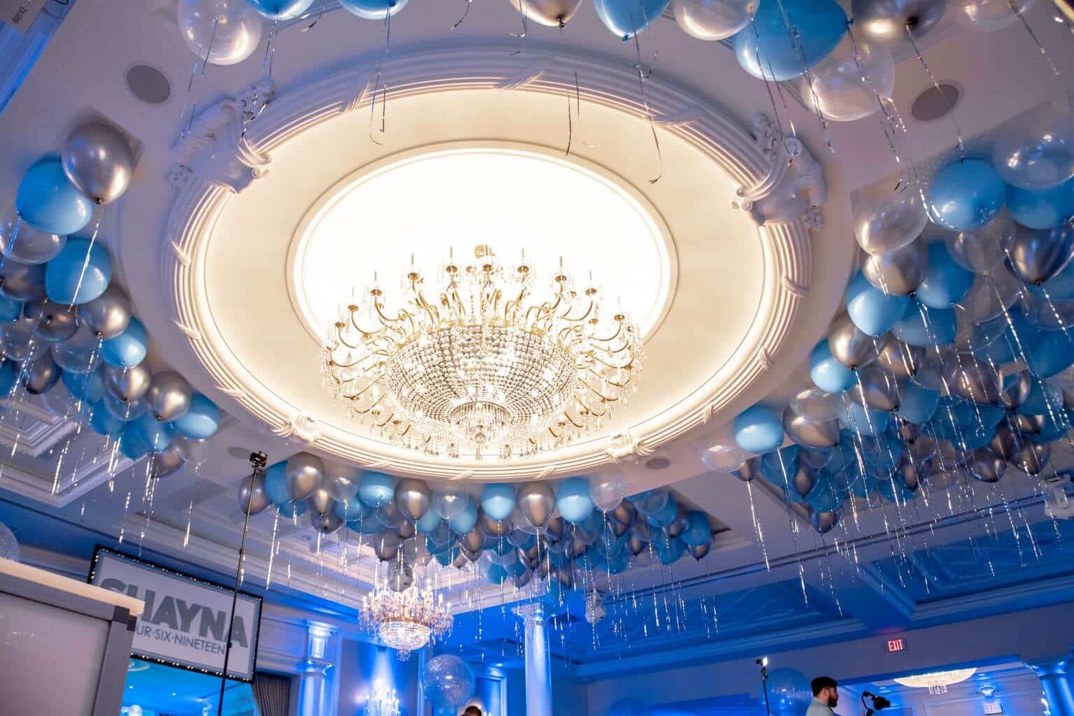 Pale Blue and Silver Loose Ceiling Balloons with Ribbons over Dance Floor at Primavera Regency
