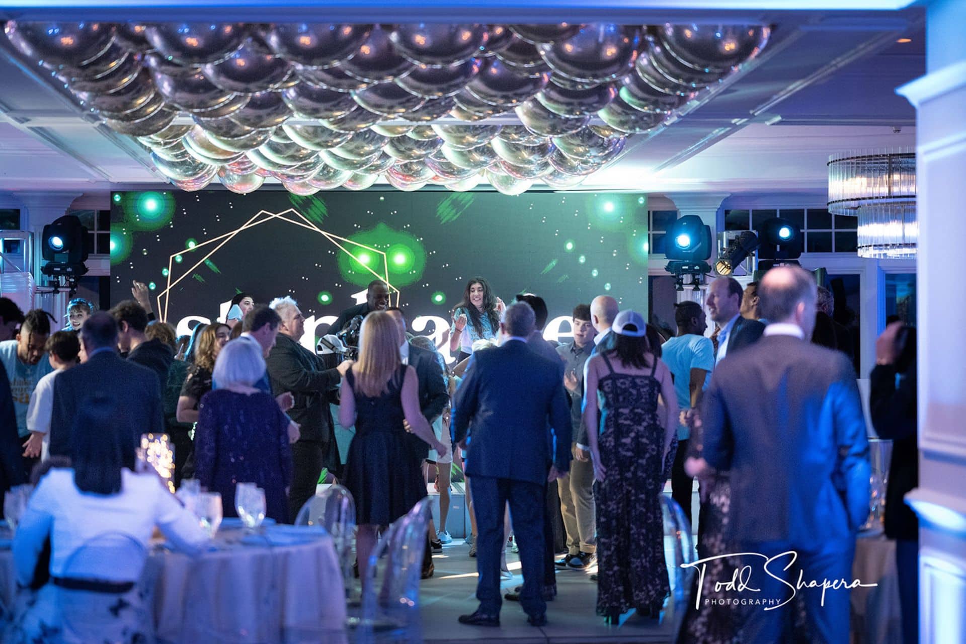 Silver Metallic Orbs Ceiling Over Dance Floor