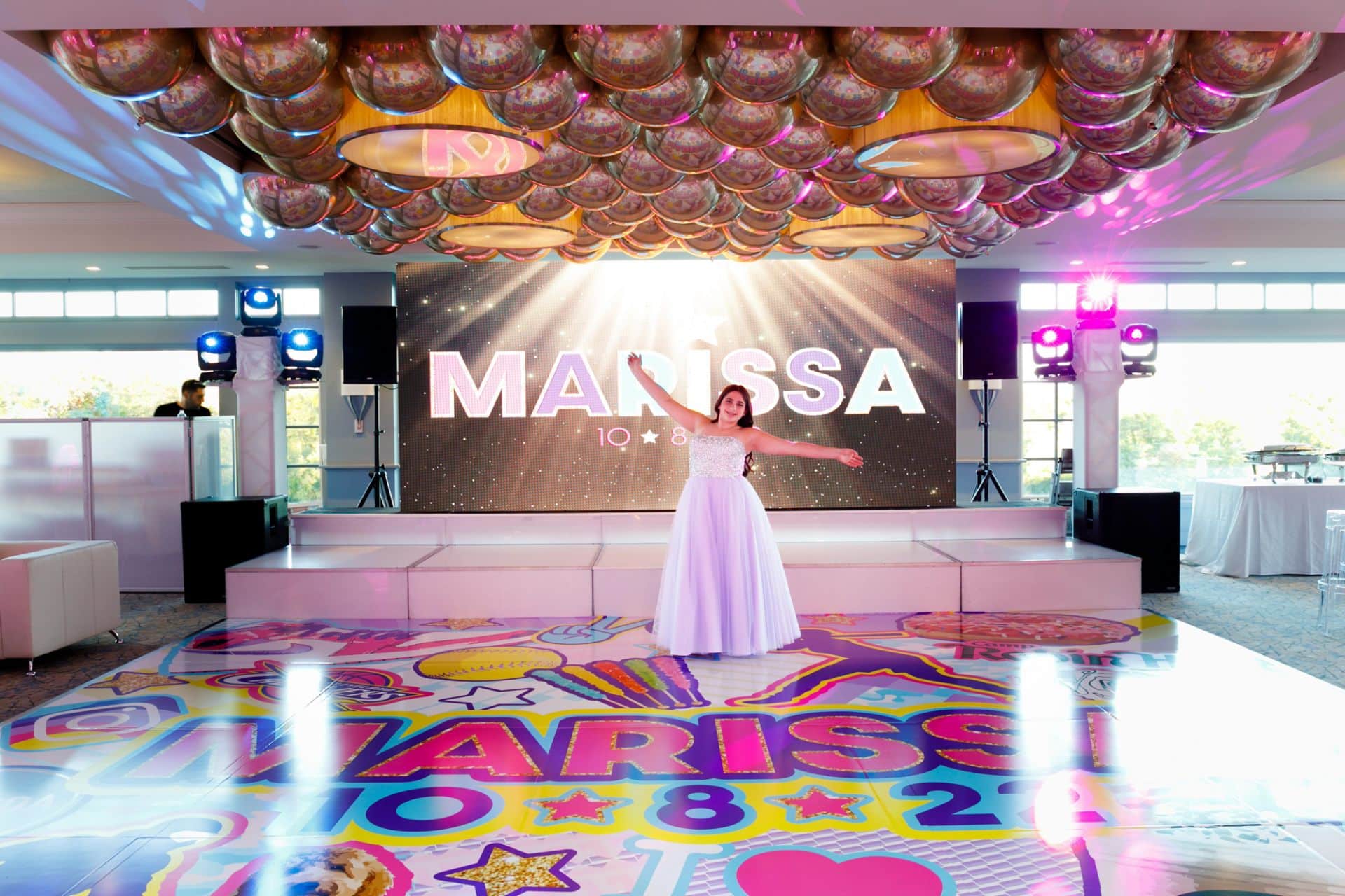 Loose Gold Metallic Orbz Balloons over Dance Floor at Fairview Country Club