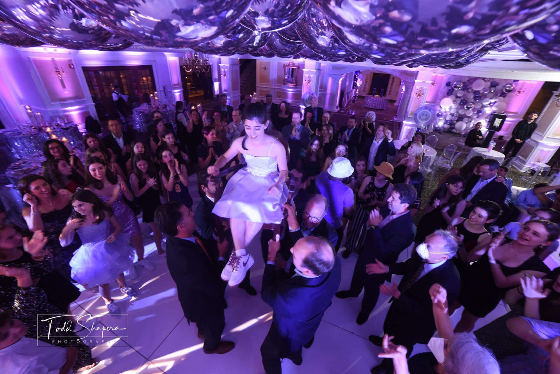 Loose Silver Metallic Orbz over Dance Floor for Bat Mitzvah at Scarsdale Golf Club