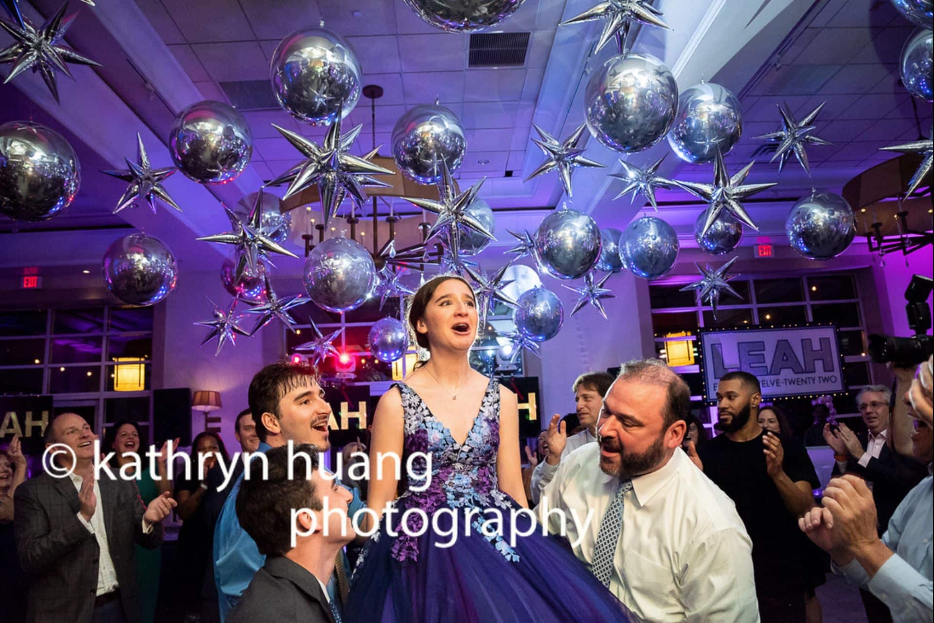 Metallic Silver Starburst Ceiling Balloon Treatment for Science Themed Bat Mitzvah at Stonehouse at Stirling Ridge