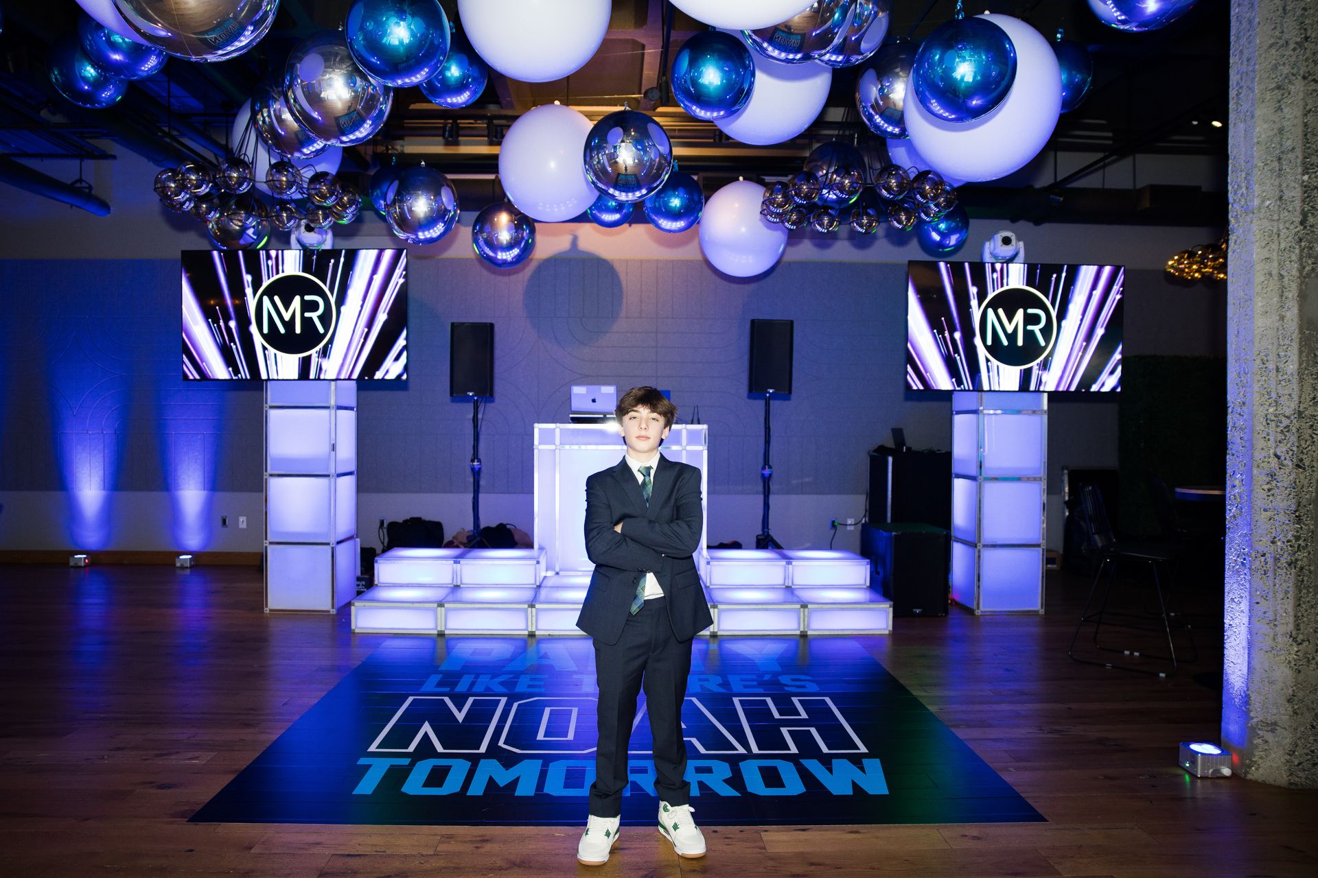 Silver & Blue Metallic Orb and White Latex Balloon Ceiling for a Bar Mitzvah at The Village Stamford