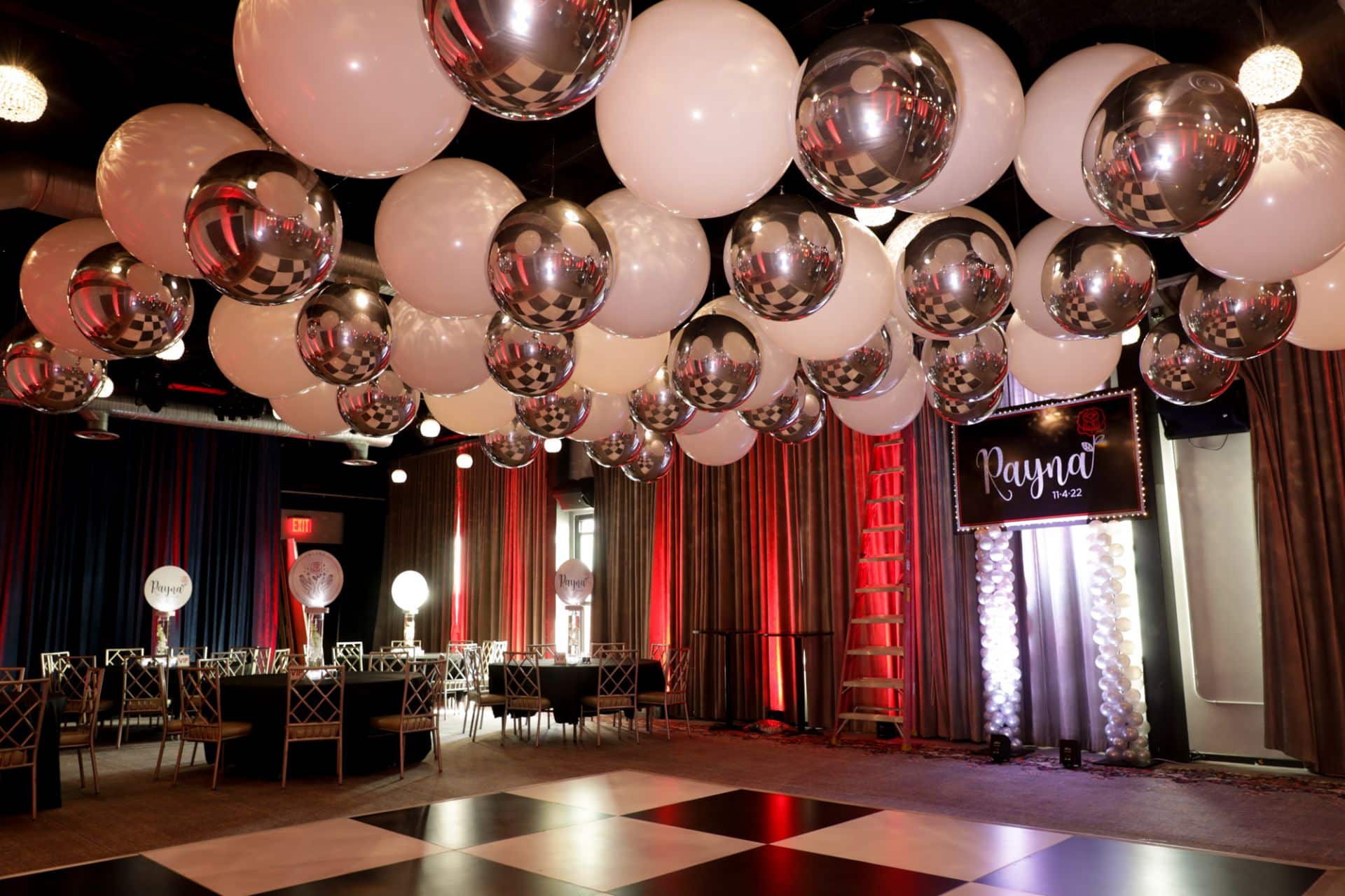White and Silver Ceiling Balloon Treatment over Dance Floor at The Hotel Nyack