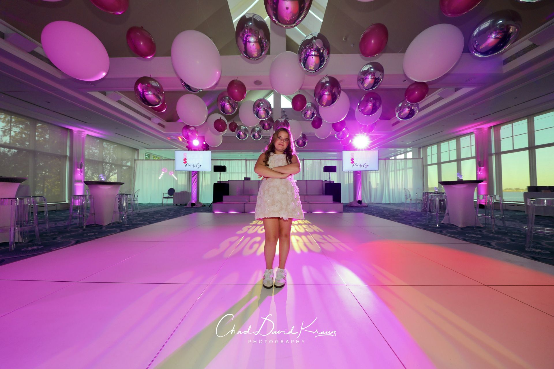 Pink, Silver & White Ceiling Installation Over The Dance Floor At Beach Point Club for a Bat Mitzvah
