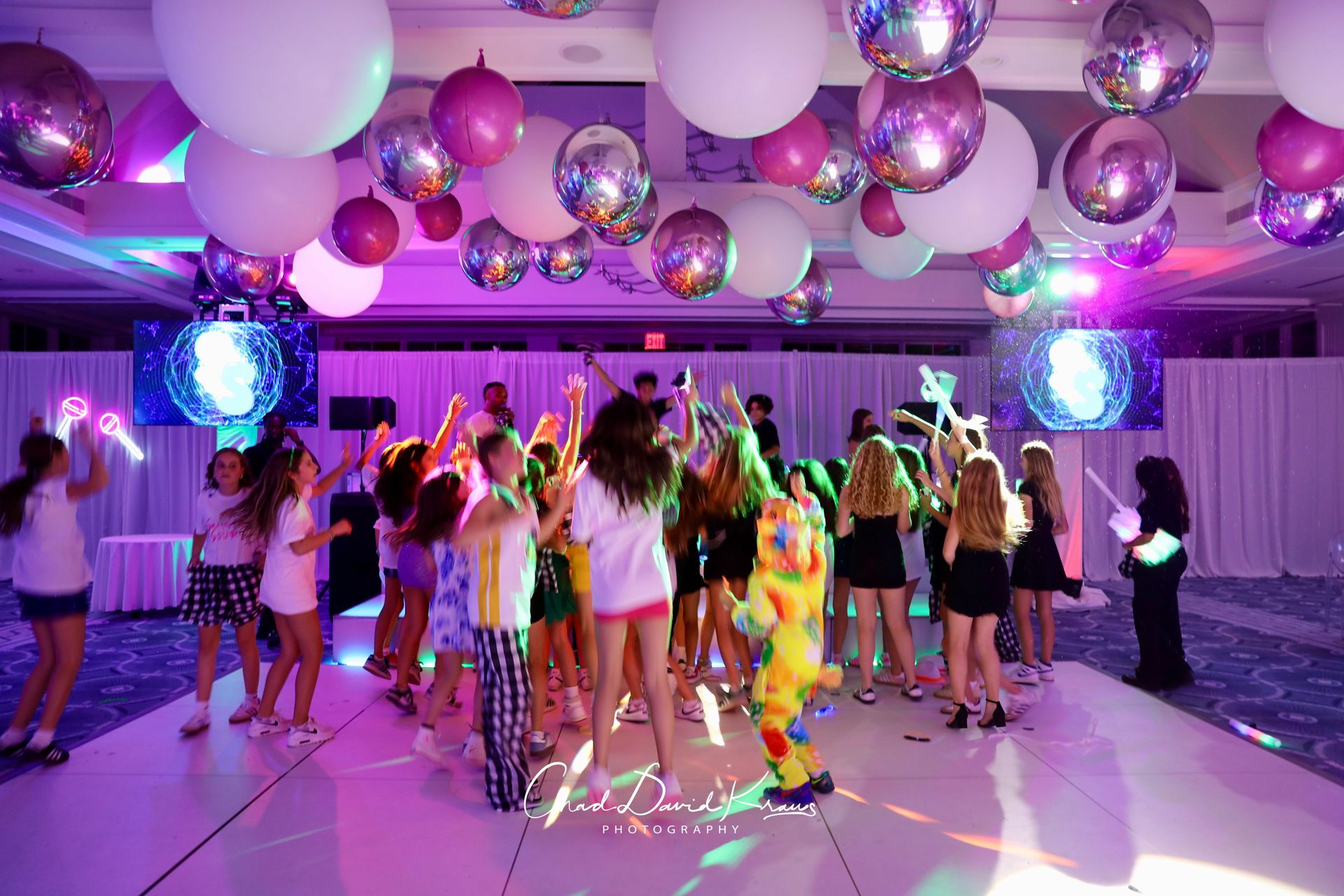 Pink, White & Silver Balloon Ceiling Install for a Bat Mitzvah at Beach Point Club