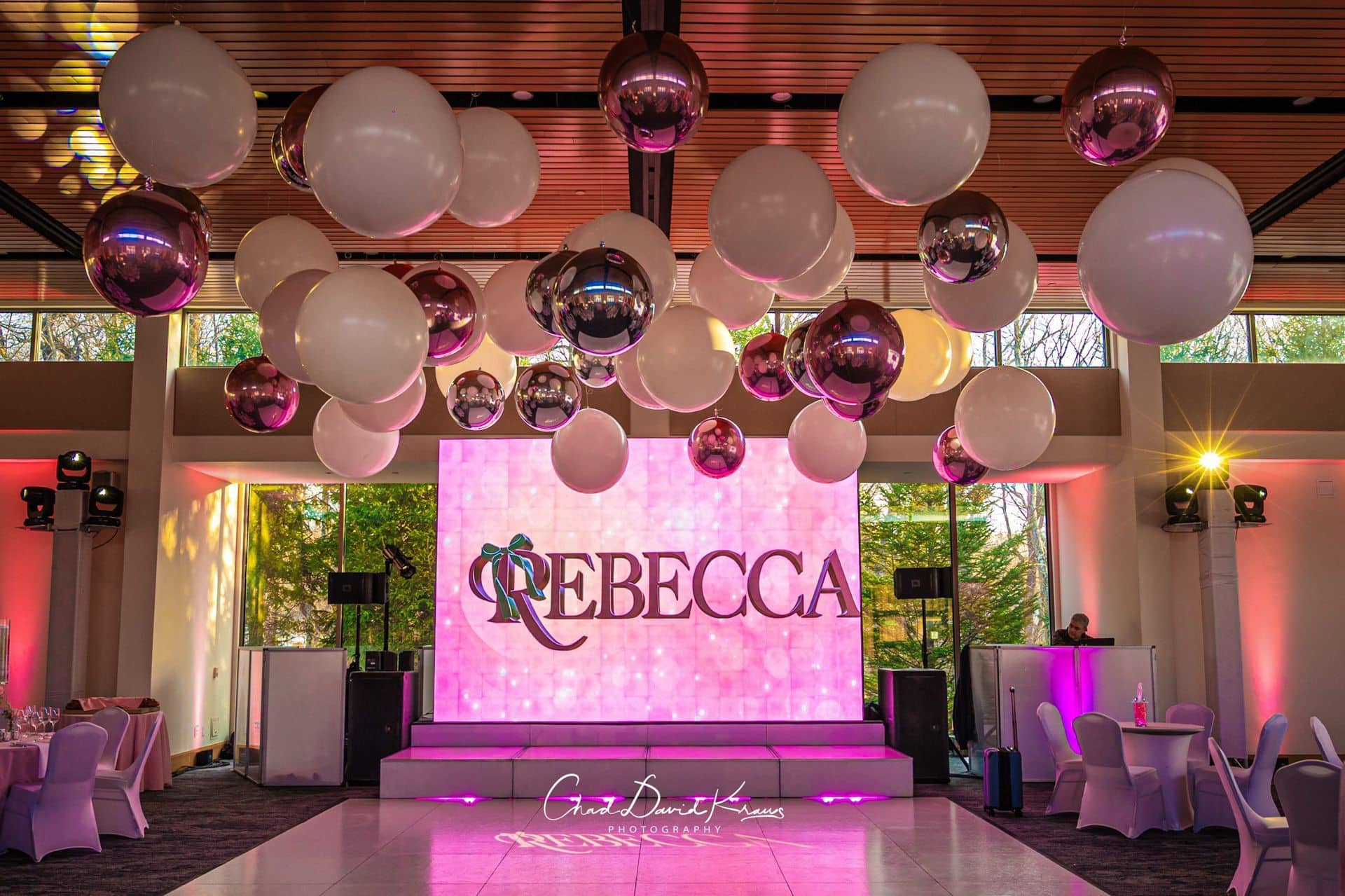 Pink, Silver & White Ceiling Balloon Install for Bat Mitzvah at Temple Beth El Chappaqua