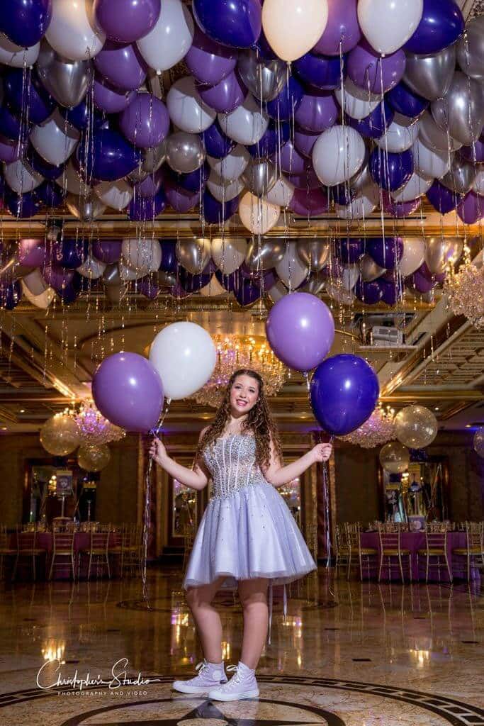 Purple and Lavender Ceiling Balloons with Silver Shimmer Ribbon over Dance Floor at Seasons Catering, NJ