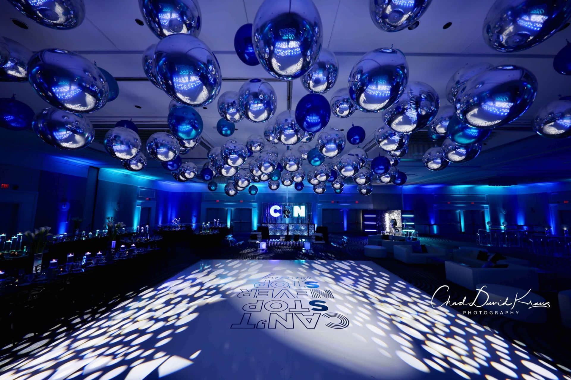 Silver and Blue Metallic Orbz Ceiling Install with Custom Wrapped Dance Floor and LED Uplighting at Hyatt Regency, Greenwich