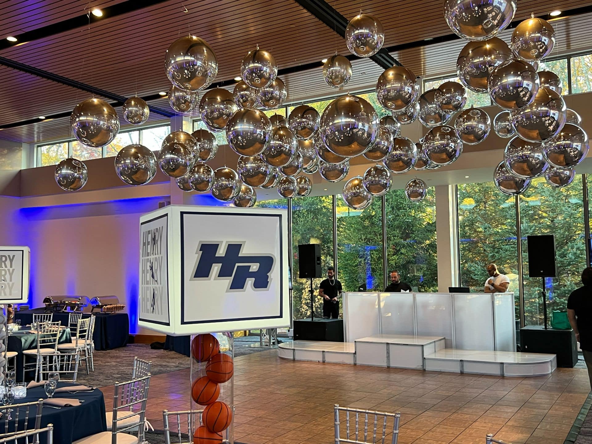 Silver Metallic Orbz Ceiling Install over Dance Floor at Temple Beth El, Chappaqua