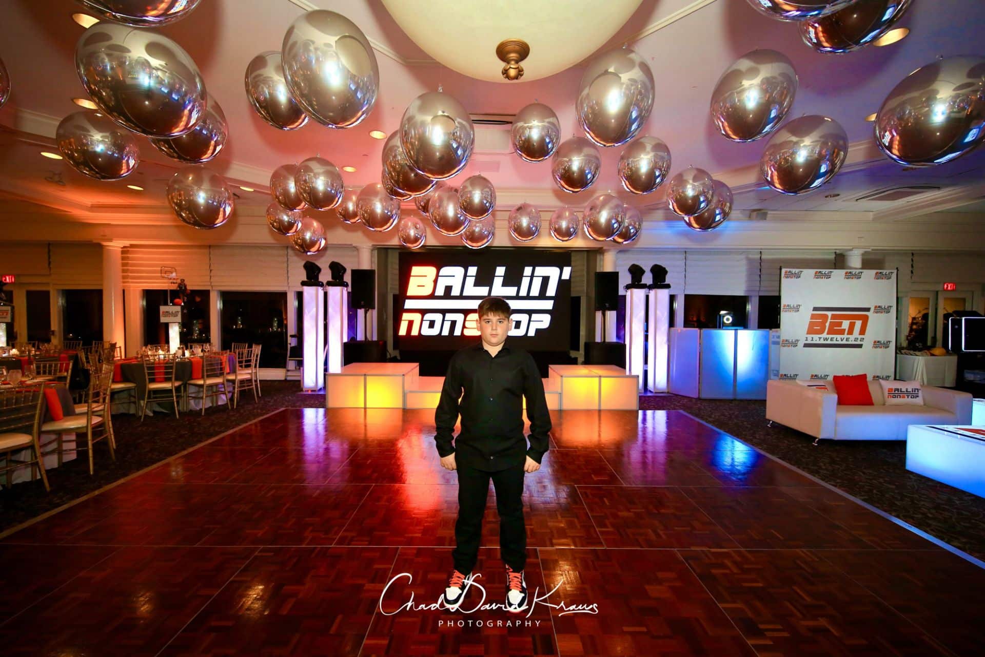 Ceiling Treatment of Metallic Silver Orbz for ESPN Bar Mitzvah at Hampshire Country Club