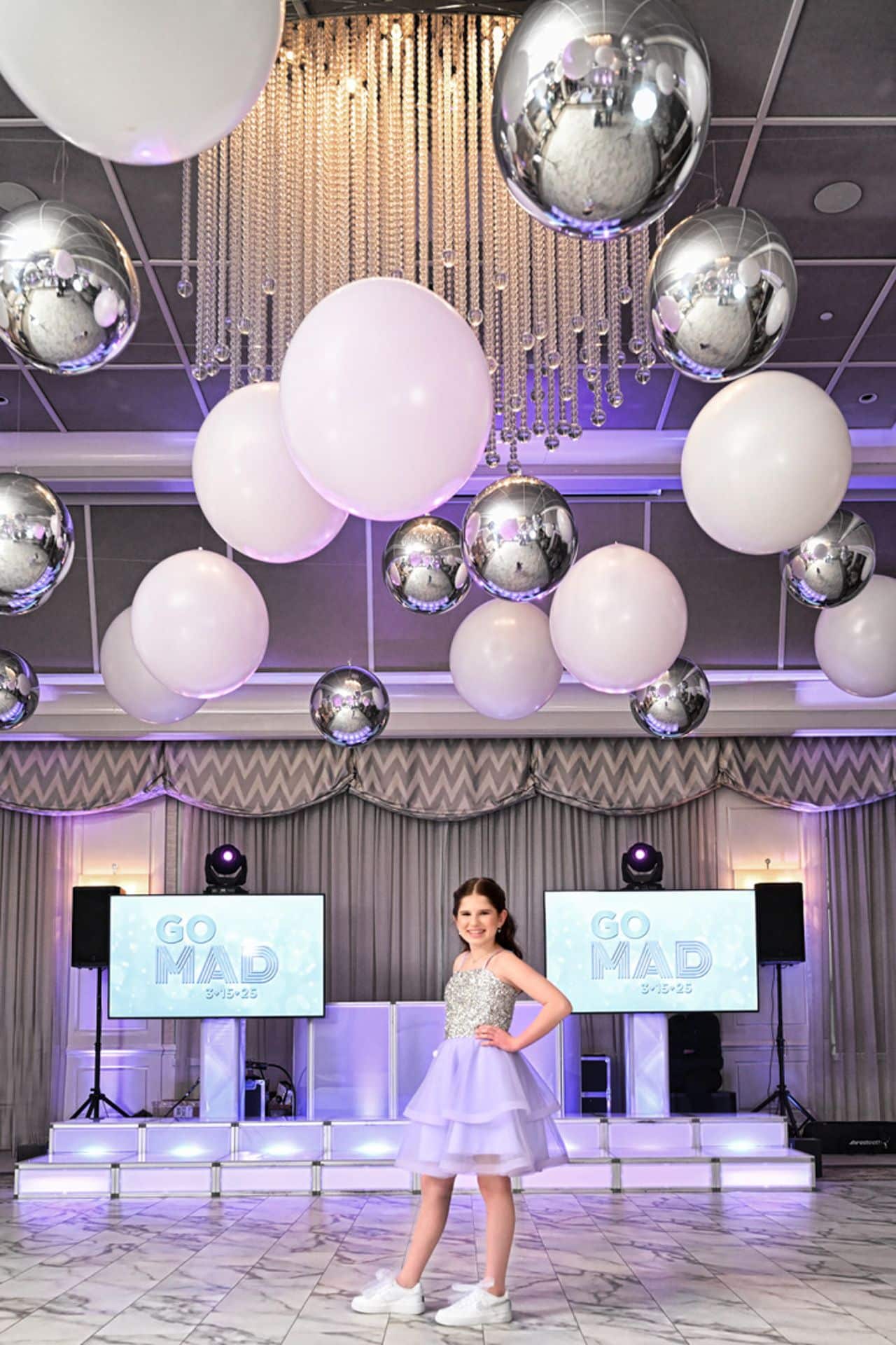 White and Silver Bat Mitzvah Ceiling Treatment