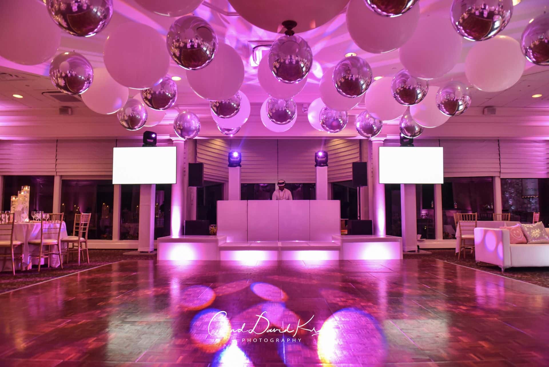White and Silver Ceiling Balloon Treatment for Bat Mitzvah at Hampshire Country Club